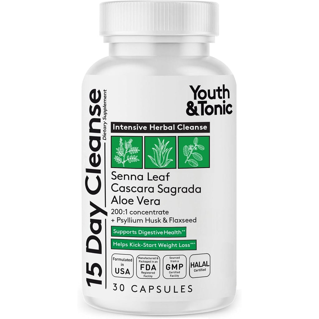Youth & Tonic 15 Day Cleanse – Colon & Gut Cleanse Detox Reset for Plateaus, Belly Bloating & Regularity, Digestive Health – for Women & Men, 30 Pills