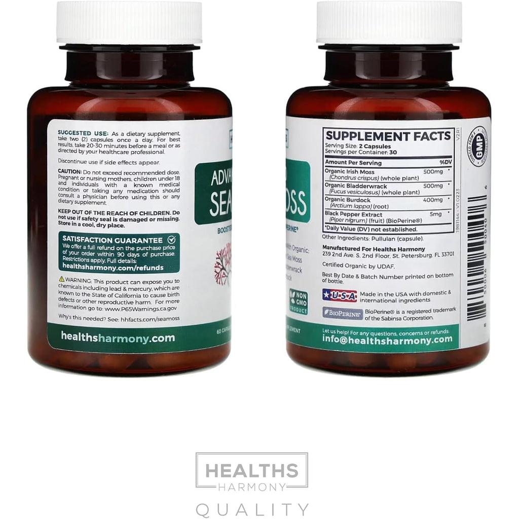 Organic Irish Sea Moss Capsules - Organic Sea Moss Capsules with Bladderwrack Burdock Root and Black Pepper Extract for Enhanced Absorption - Vegan Non-Gmo & Made in the USA (1 Month Supply)