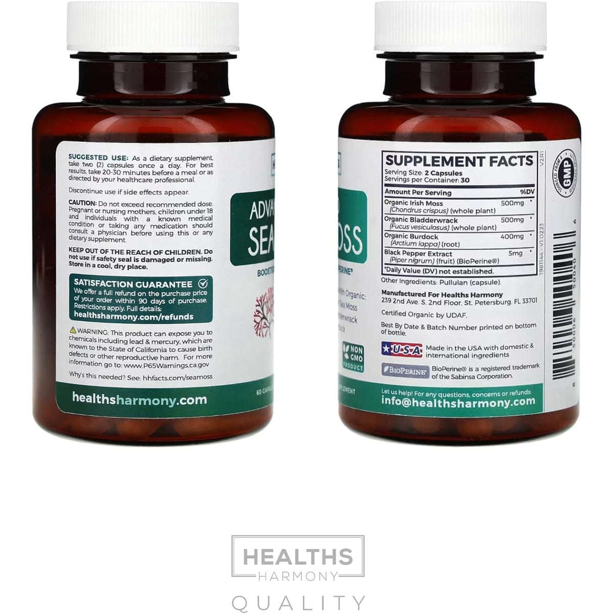 Organic Irish Sea Moss Capsules - Organic Sea Moss Capsules with Bladderwrack Burdock Root and Black Pepper Extract for Enhanced Absorption - Vegan Non-Gmo & Made in the USA (1 Month Supply)