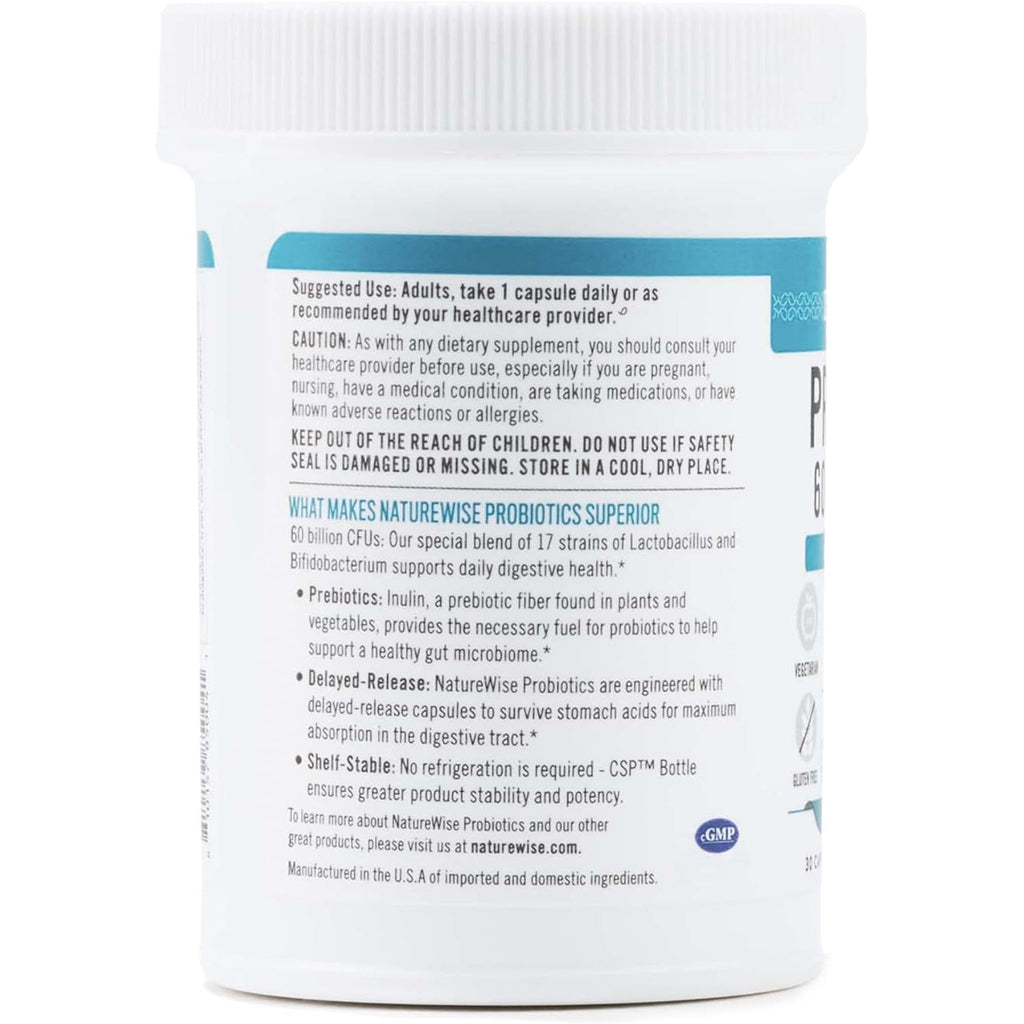 Naturewise Probiotics 60 Billion CFU - 17 Strains + Organic Prebiotics - Immune, Digestive & Gut Health Support for Women & Men - Vegetarian, Gluten-Free, Non-Gmo - 30 Capsules[1-Month Supply]