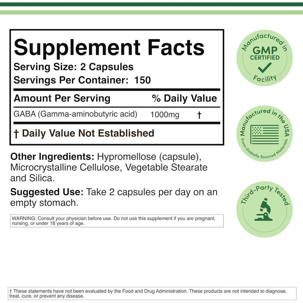 GABA Supplement (300 Capsules, 1,000Mg per Serving) Promotes Calm, Relaxation, and Supports Sleep (Vegan Safe, Gluten Free, Non-Gmo)(Gamma Aminobutyric Acid) by Double Wood