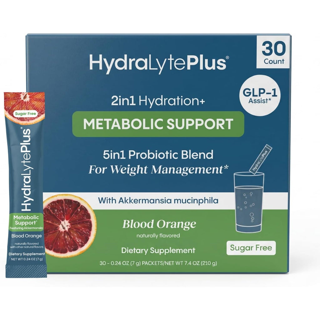 Hydralyte plus Metabolic Support - GLP-1 Weight Loss Management and Gut Health - 5In1 Probiotic Blend - Akkermansia Muciniphila + Prebiotic Fiber + Electrolytes - Sugar Free (30 Packets)