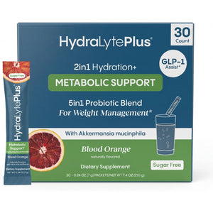 Hydralyte plus Metabolic Support - GLP-1 Weight Loss Management and Gut Health - 5In1 Probiotic Blend - Akkermansia Muciniphila + Prebiotic Fiber + Electrolytes - Sugar Free (30 Packets)