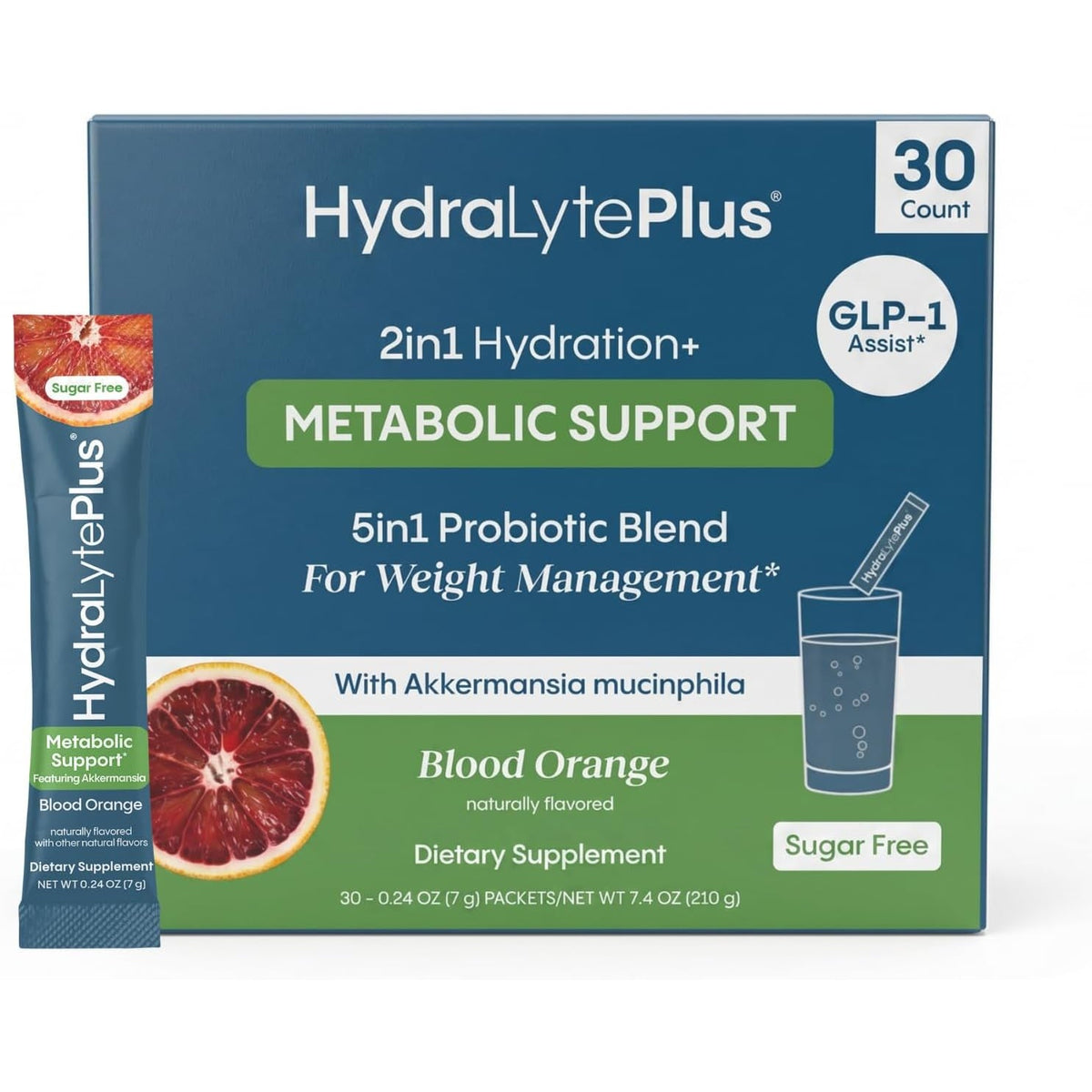 Hydralyte plus Metabolic Support - GLP-1 Weight Loss Management and Gut Health - 5In1 Probiotic Blend - Akkermansia Muciniphila + Prebiotic Fiber + Electrolytes - Sugar Free (30 Packets)