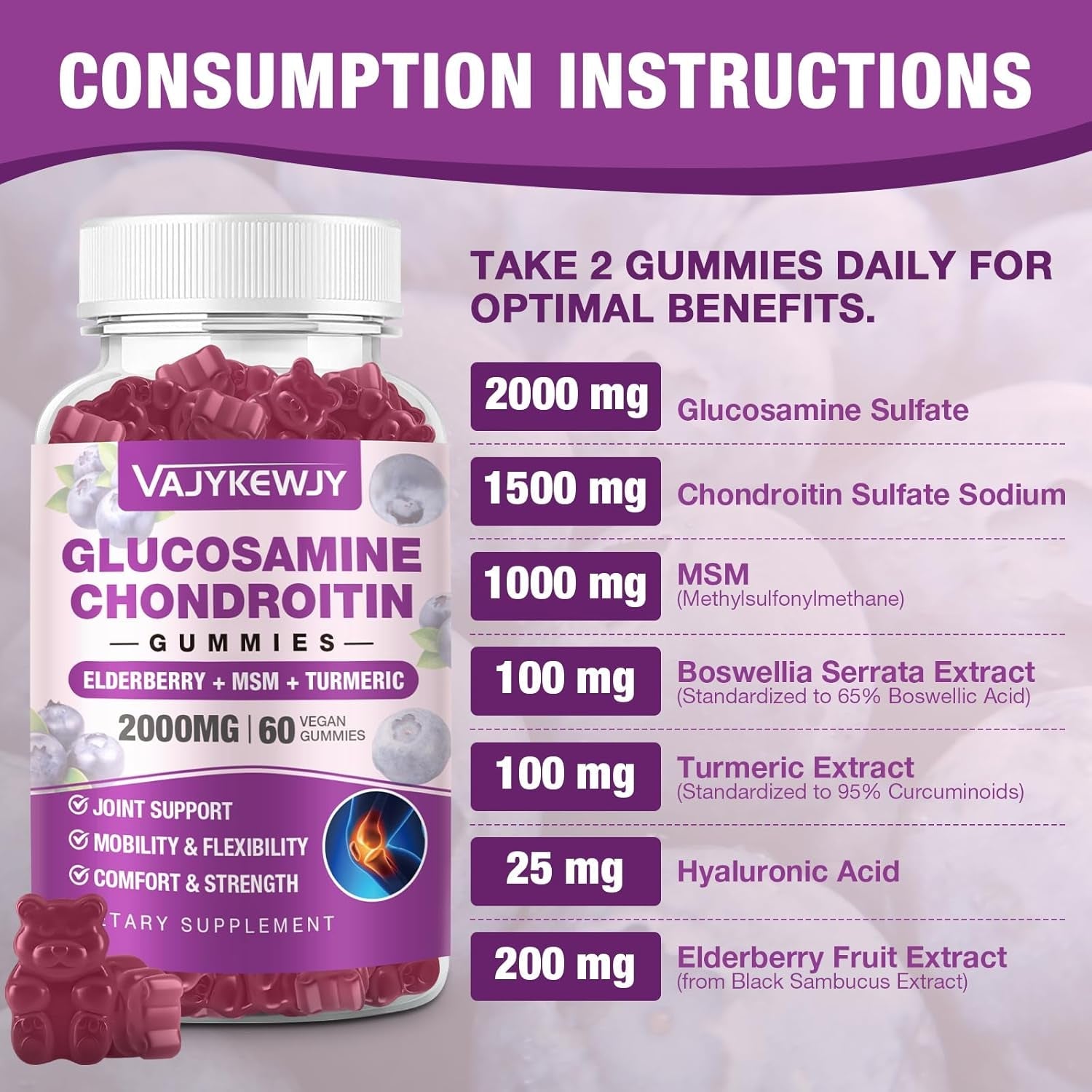 Sugar Free 2000Mg Glucosamine Chondroitin Gummies, Extra Strength Glucosamine with Chondroitin MSM & Turmeric, Joint Support Supplement, Antioxidant Immune Support - 60 Gummies