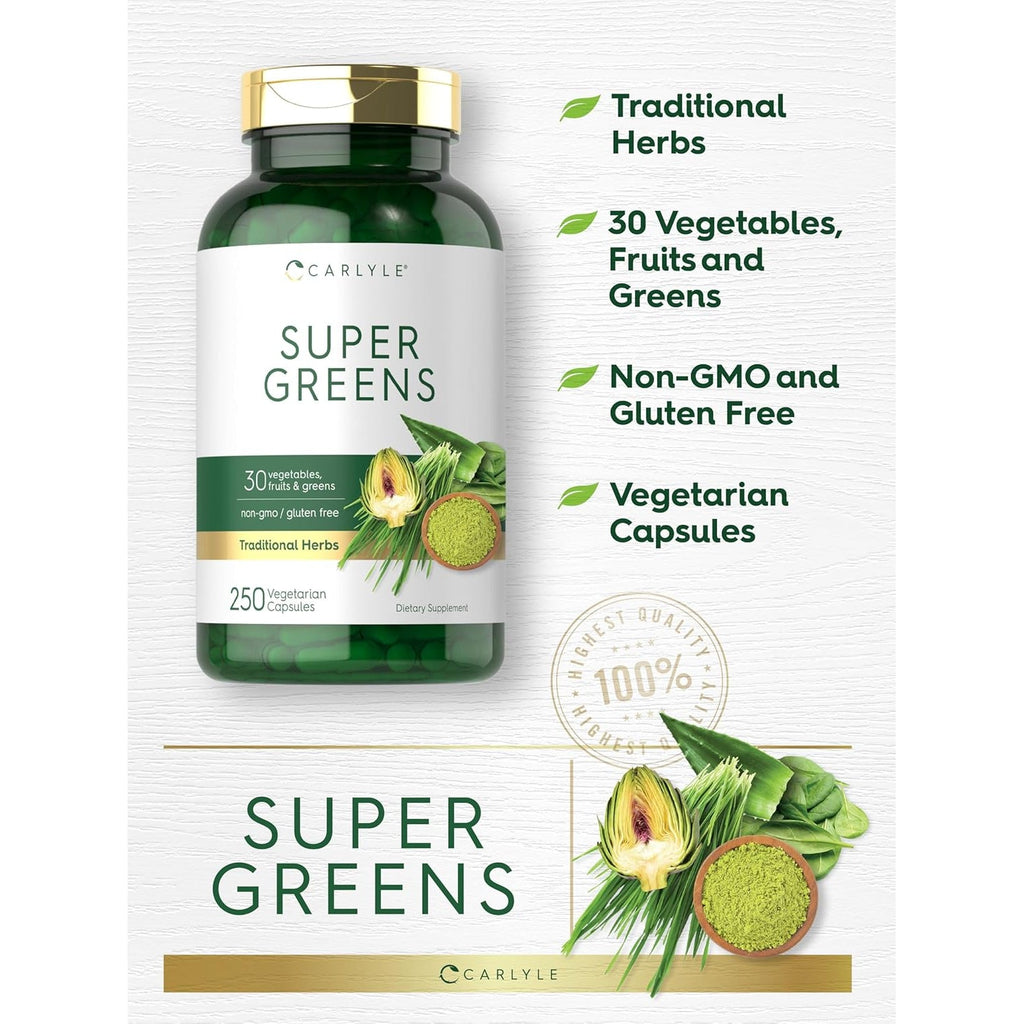 Carlyle Super Greens Capsules | 250 Count | Blend of 13 Vegetables and Greens plus 17 Fruits | Non-Gmo & Gluten Free Supplement