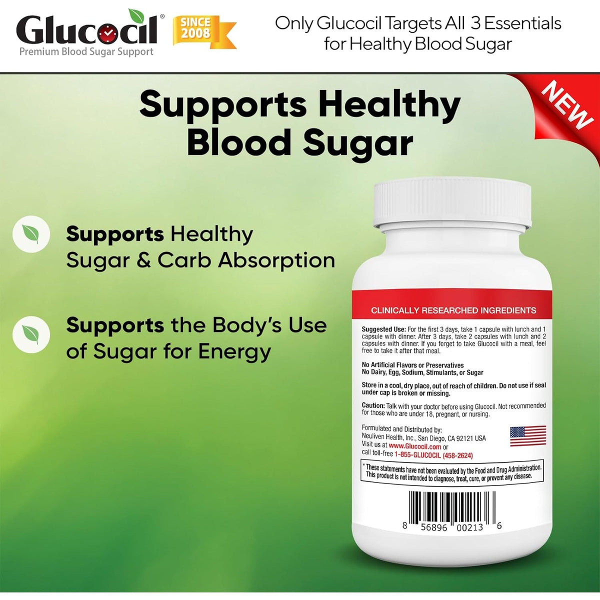 Glucocil – Vegetarian Capsules - Premium Blood Sugar Support - Supports the 3 Essentials for Healthy Blood Sugar - with Berberine, Proprietary Mulberry Leaf, and More