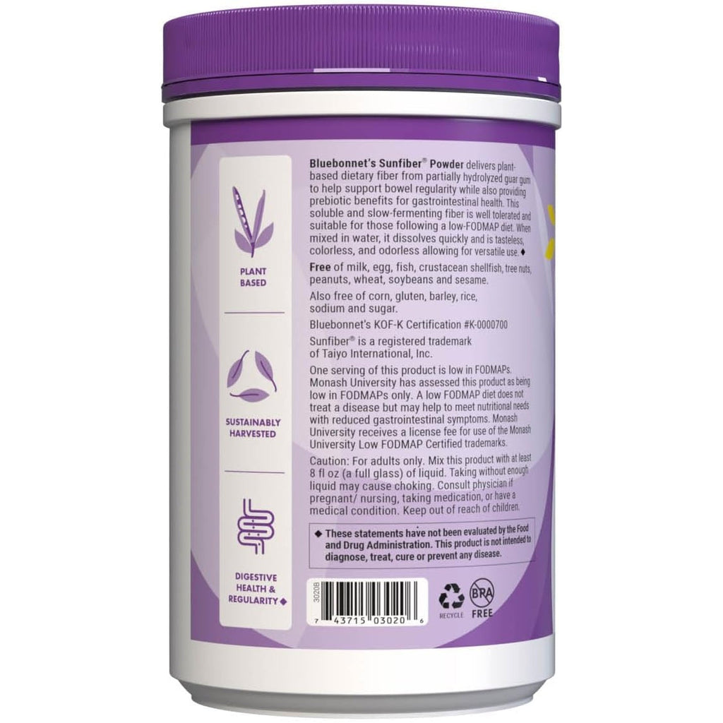 Bluebonnet Nutrition Sunfiber – 6 G of Plant Based Prebiotic Soluble Fiber – Supports Digestive Health* - Instant Dissolve – Non-Gmo, Vegan, Kosher, Low-Fodmap – Unflavored, 7.4 OZ, 30 Servings