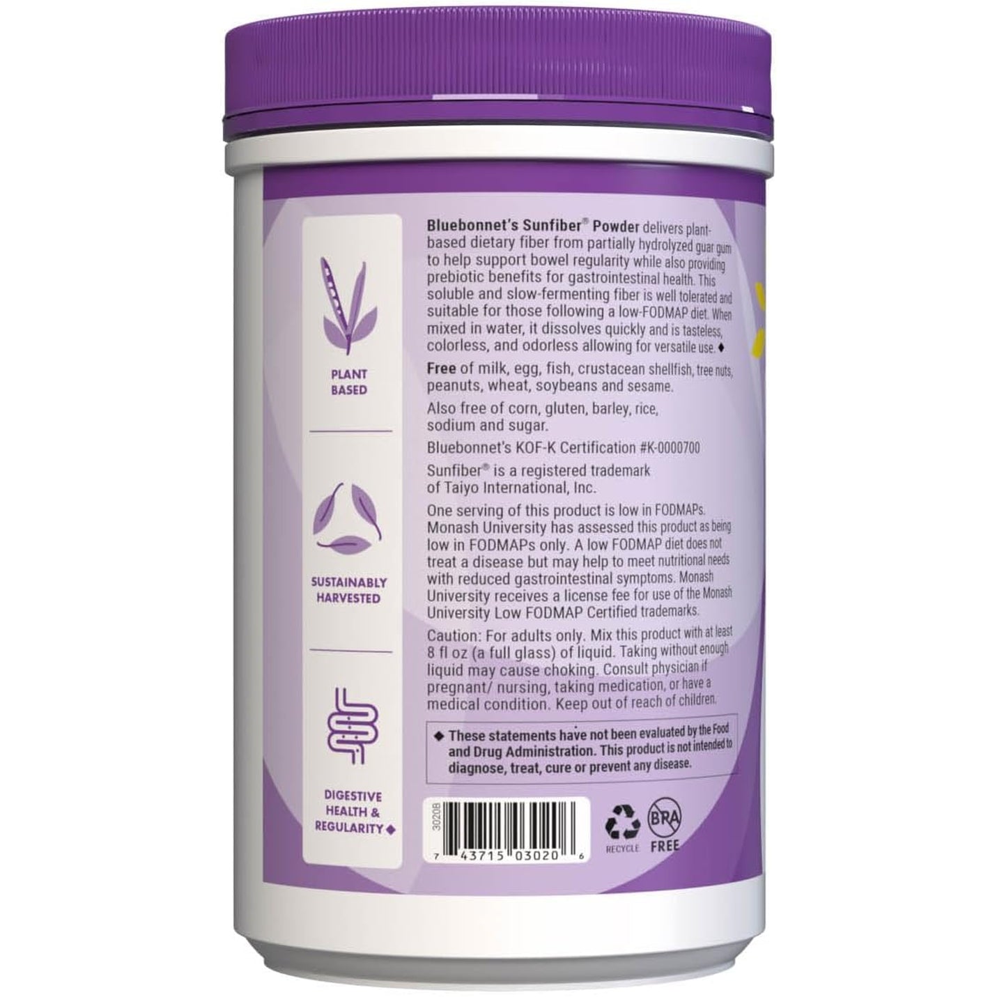 Bluebonnet Nutrition Sunfiber – 6 G of Plant Based Prebiotic Soluble Fiber – Supports Digestive Health* - Instant Dissolve – Non-Gmo, Vegan, Kosher, Low-Fodmap – Unflavored, 7.4 OZ, 30 Servings