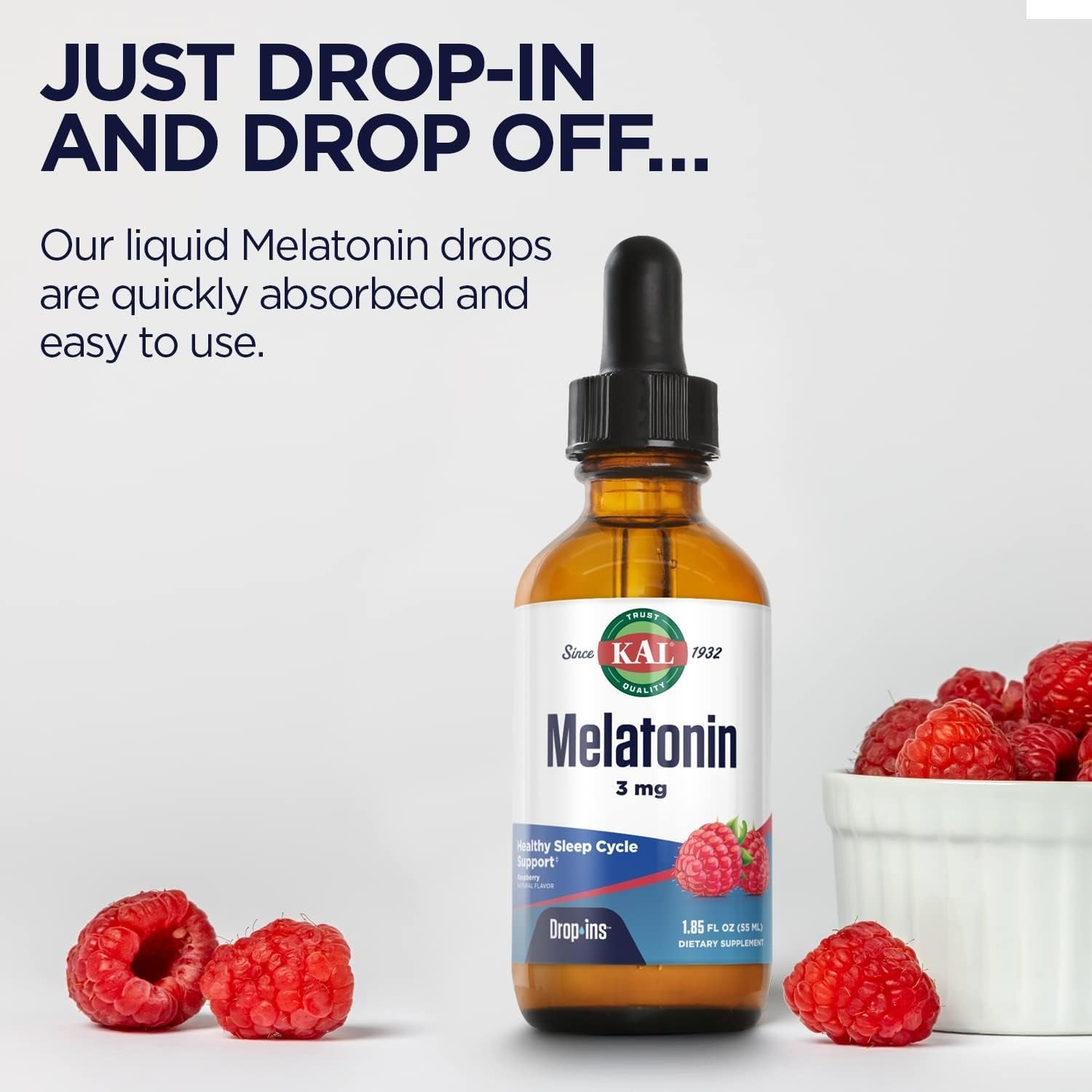 KAL Melatonin Dropins 3Mg, Healthy Sleep Aid Support, Liquid Melatonin Drops for Optimal Absorption & Calming Relaxation Support, Fast Acting, Natural Raspberry Flavor, Approx. 55 Servings, 1.85Oz