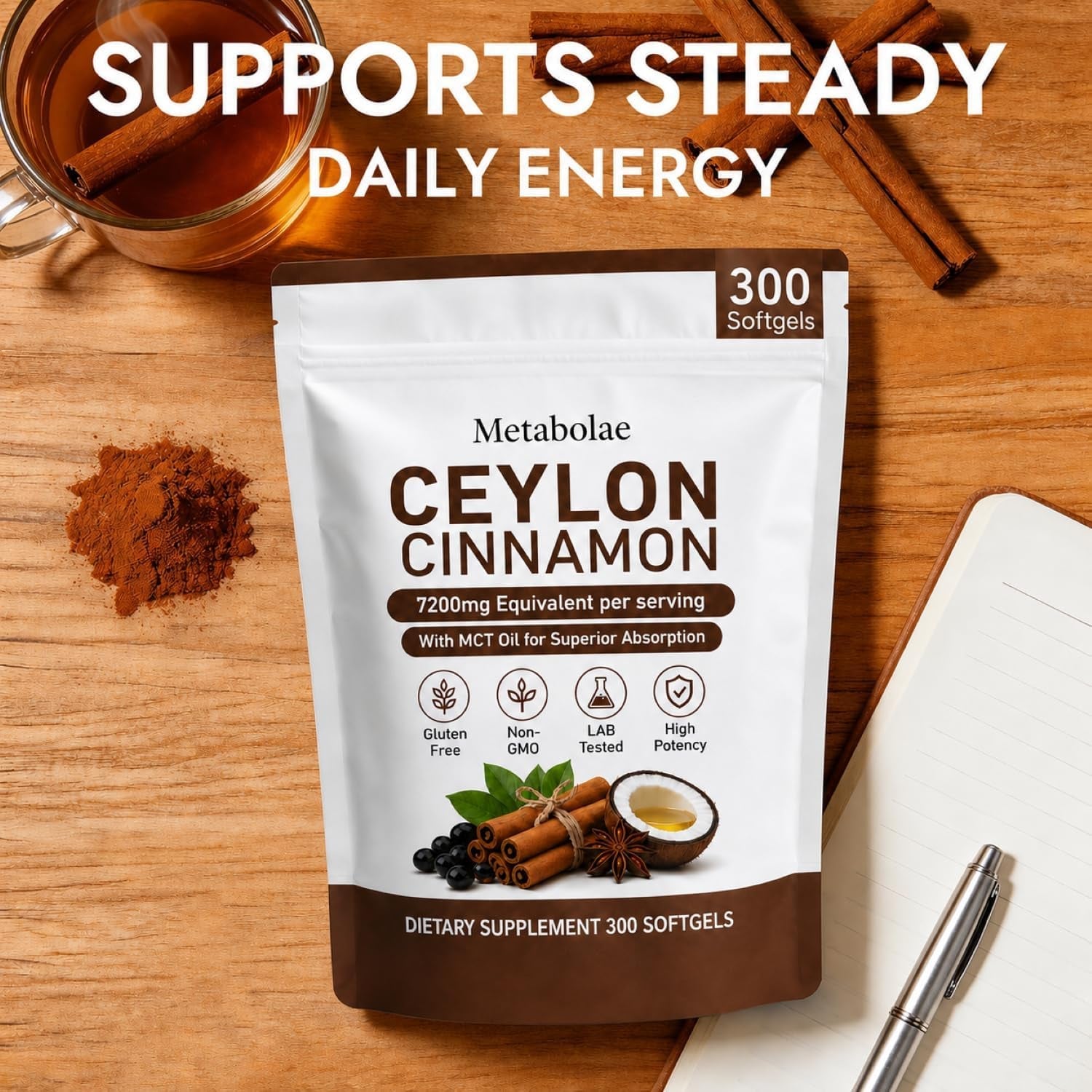 Metabolae Ceylon Cinnamon，7200 Mg Equivalent per Serving, Gluten Free, Non-Gmo, 300 Softgels