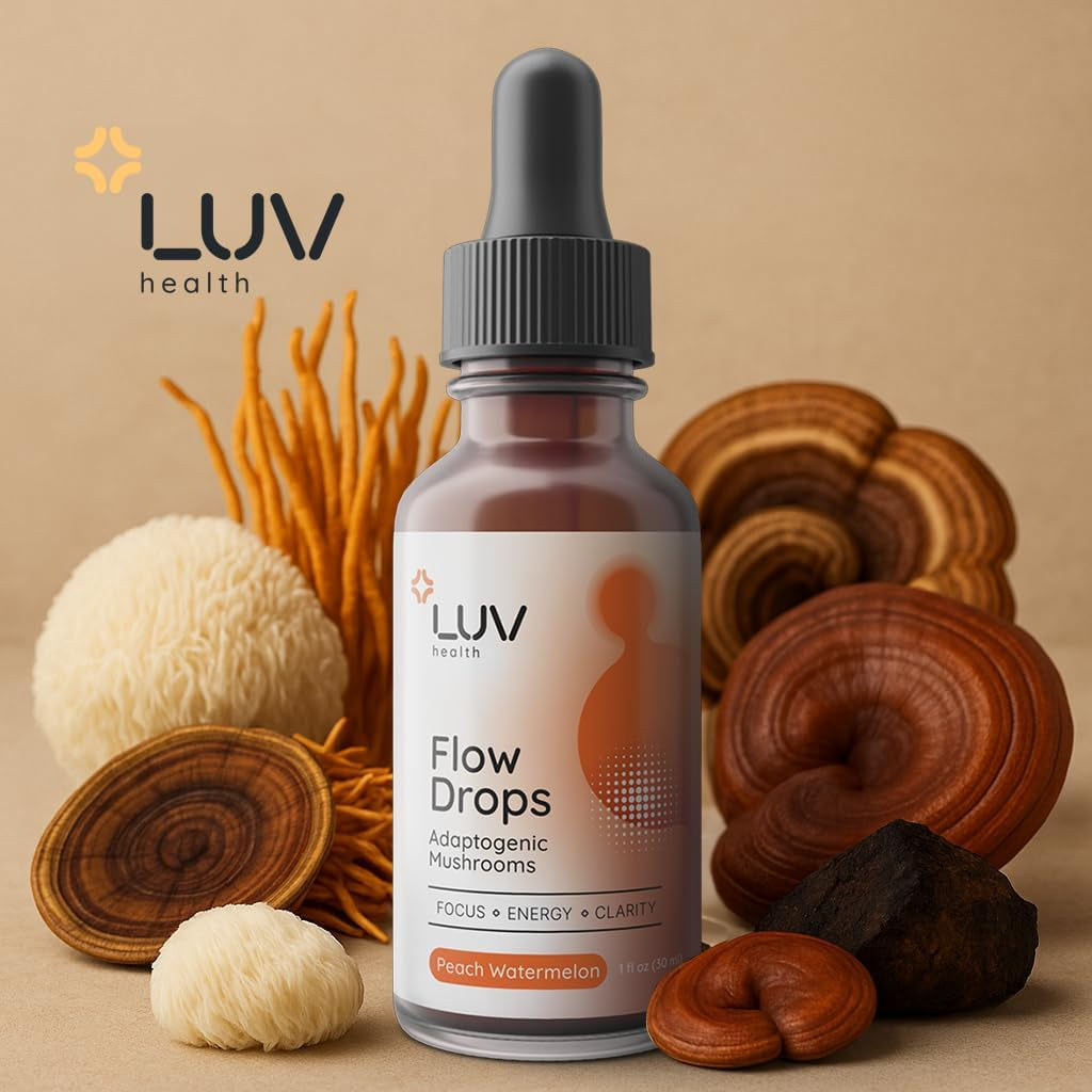 Flow Drops LUV Health Energy Supplement for Focus, Mental Clarity & Immune Support - Adaptogenic Mushrooms with Lion’S Mane, Cordyceps, Reishi, Chaga & Turkey Tail – Vegan, Made in USA 30 Servings
