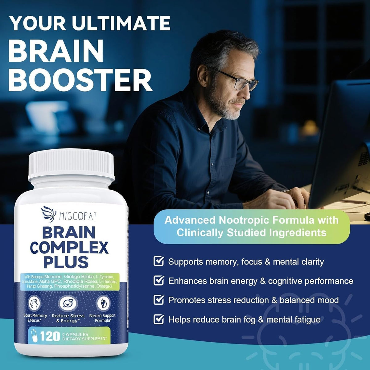 Brain Supplements for Memory and Focus | Nootropic with Bacopa Monnieri, Lion'S Mane, Alpha GPC, Ginkgo Biloba | Mental Clarity & Cognitive Support | Vitamin B6 & B12 Neuro Health - Non-Gmo, 120 Caps