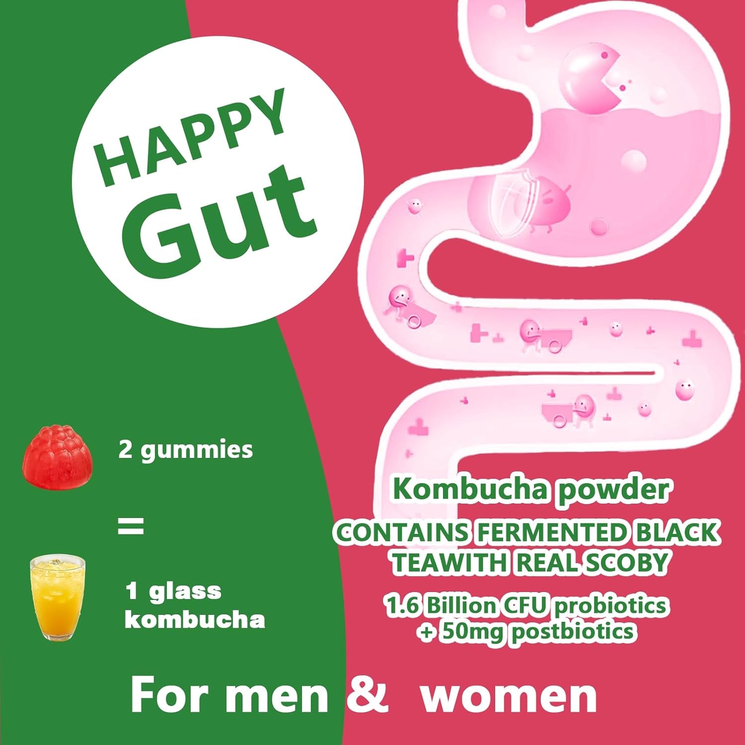 Probiotic Kombucha Gummy - Prebiotics, Probiotics, Postbiotics, Fiber Supplement, Slippery Elm for Bloating, Gut Health, Women and Men, 60Ct