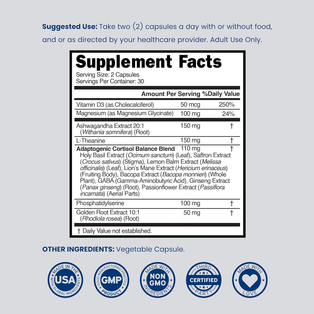 Cortisol Supplements for Women & Men with 14 In1 Blend (Magnesium, Ashwagandha, L Theanine & More) Healthy Cortisol Balance & Calm Mood Support - Third Party Tested, Non GMO, USA Made - 60 Count