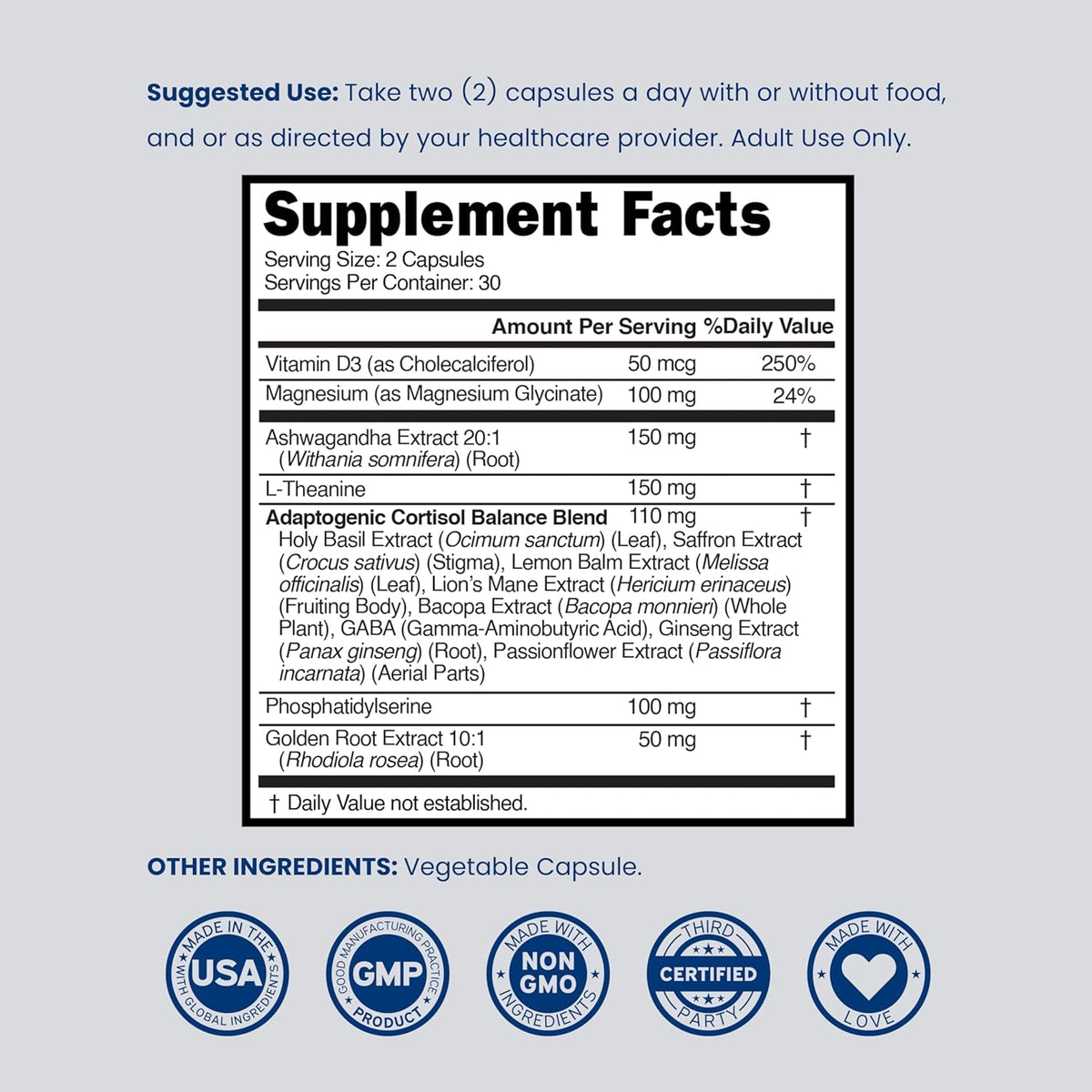 Cortisol Supplements for Women & Men with 14 In1 Blend (Magnesium, Ashwagandha, L Theanine & More) Healthy Cortisol Balance & Calm Mood Support - Third Party Tested, Non GMO, USA Made - 60 Count