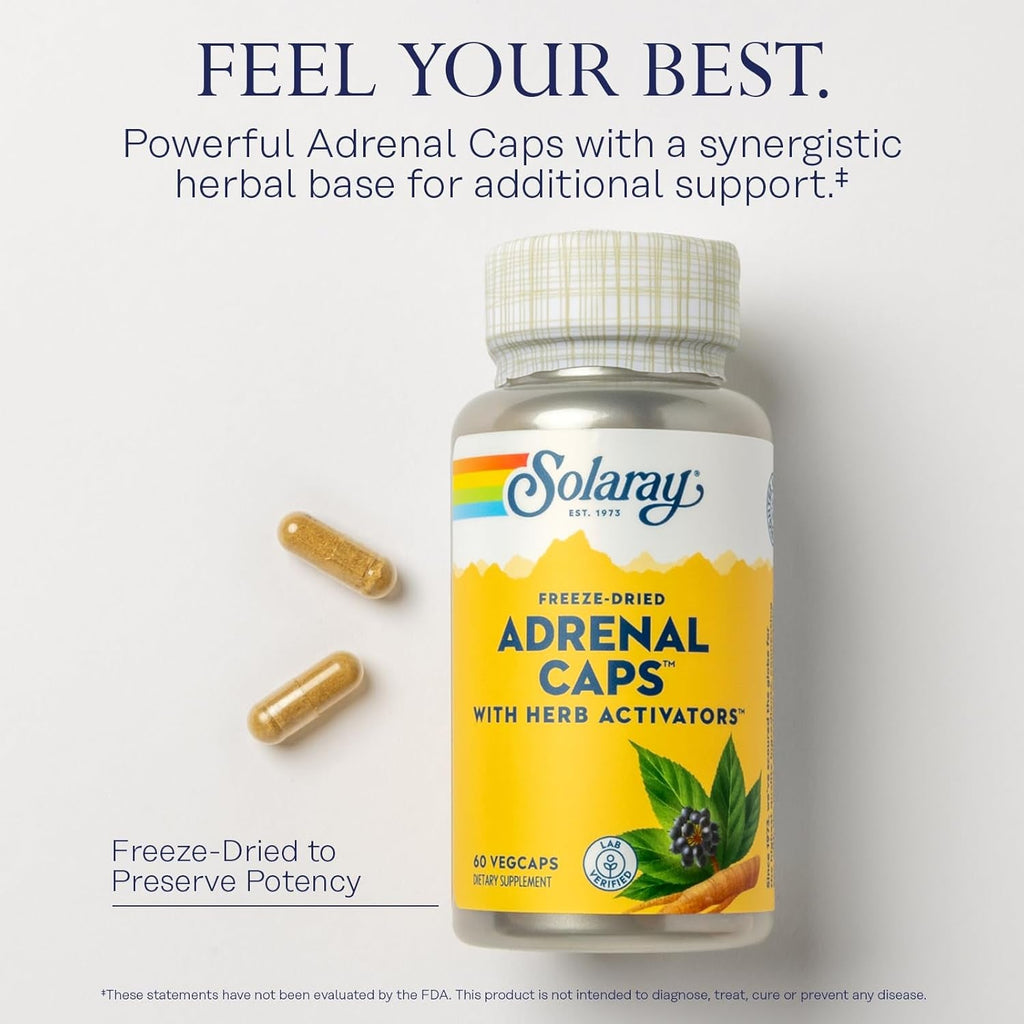 SOLARAY Adrenal Caps, Freeze-Dried - Wellness Support Adrenal Cocktail with Herb Activators Eleuthero, Gotu Kola, Licorice and Clove - Lab Verified, 60-Day Guarantee - 30 Servings, 60 Vegcaps