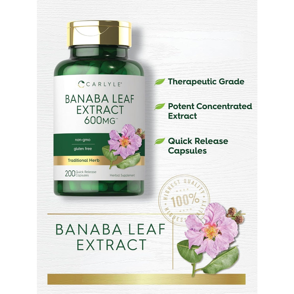 Carlyle Banaba Leaf Extract Capsules | 200 Count | Non-Gmo, Gluten Free