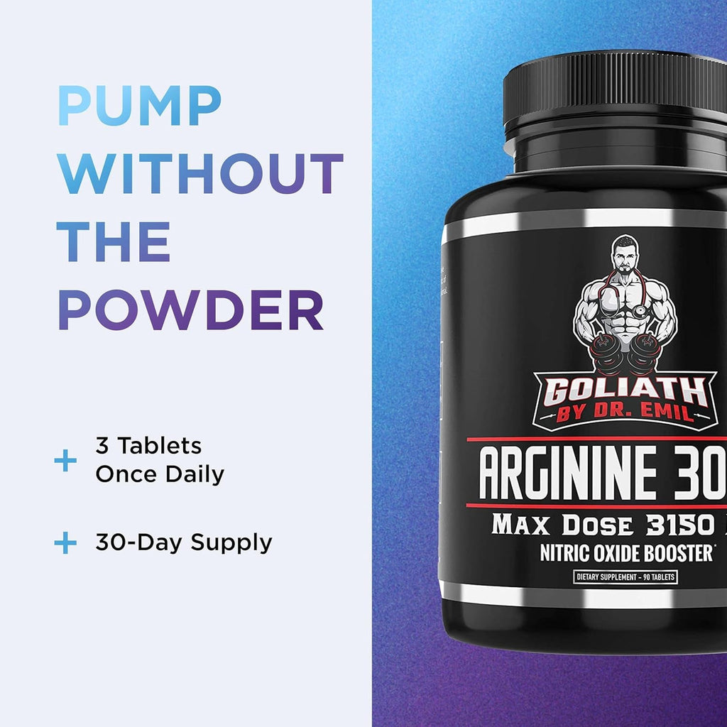 DR. EMIL NUTRITION Goliath Arginine 3000 - High-Dose Nitric Oxide Booster - Supports Blood Flow, Muscle Growth & Endurance - Workout Pump & Circulation Support - 90 Tablets