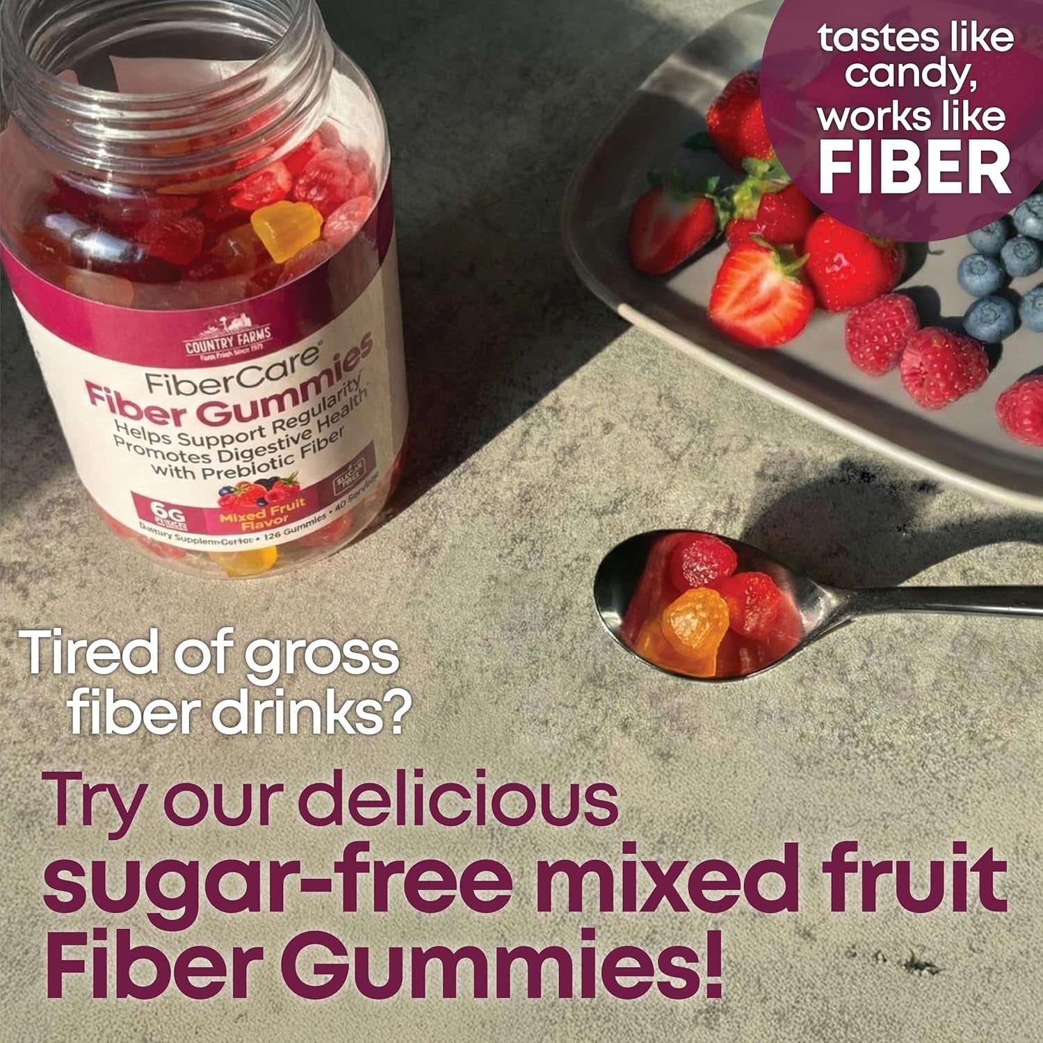 Country Farms Fiber Care Prebiotic Gummies, 6G of Fiber per Serving, GLP-1 Booster, FOS from Beets, Digestive Health and Bloat, Supports Regularity, Mixed Fruit Flavor, 120 Gummies, 40 Servings