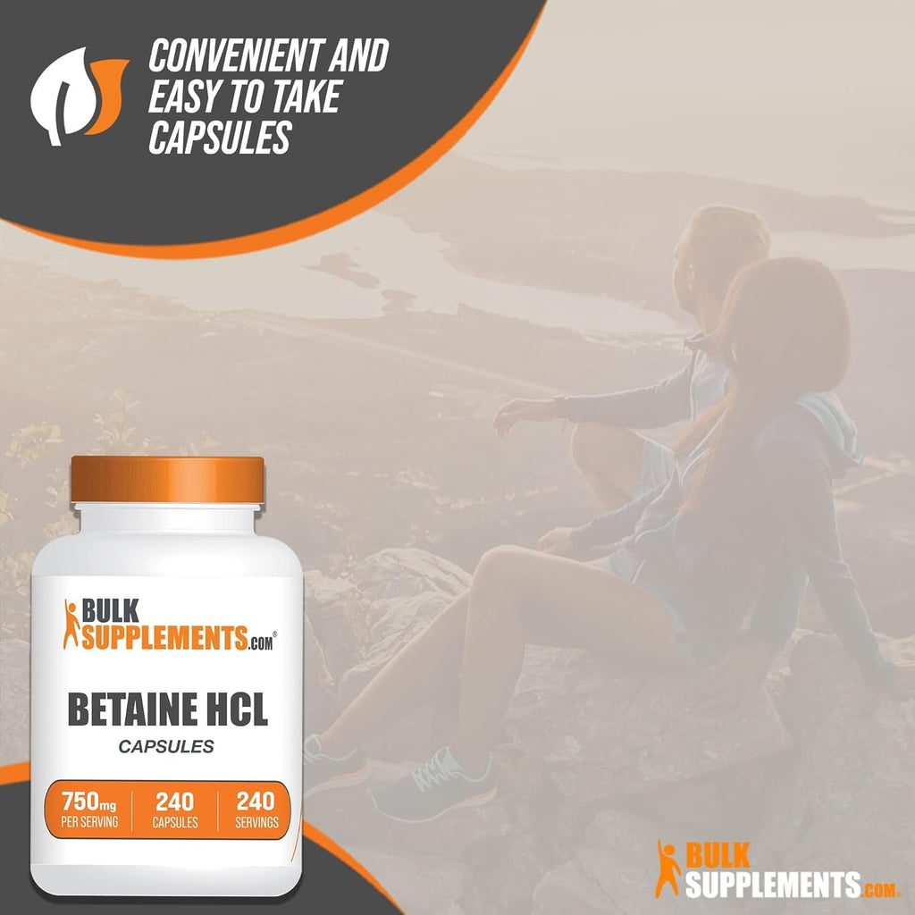 Bulksupplements.Com Betaine Hcl Capsules - Betaine Hydrochloride Supplement for Digestive Support, Betaine Hcl 750Mg - Gluten Free, 1 Capsule per Serving, 240 Capsules (Pack of 1)