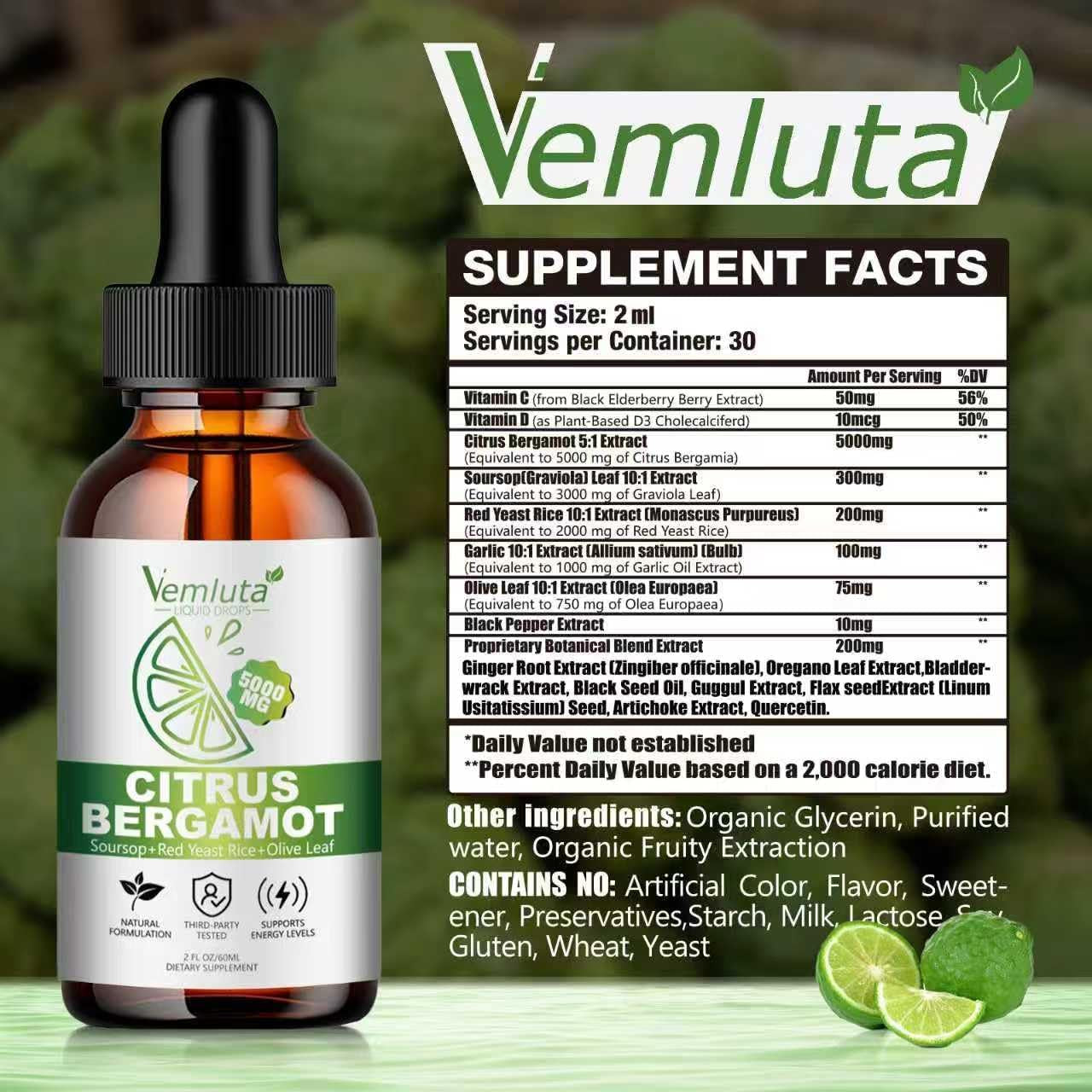 2 Packs 5000Mg Citrus Bergamot Liquid Drops-2X Absorption- Cholesterol Lowering Supplement W Soursop, Red Yeast Rice, Olive Leaf, Hight Cholesterol -Soursop Bitters Liquid-Heart & Immune Support