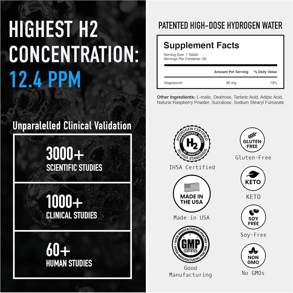 DRINK HRW Rejuvenation Molecular Hydrogen Water Tablets: 12 Ppm H2, Patented, USA Made, Ihsa-Certified Hydrogen & Magnesium Supplement. Supports Energy, Recovery, Cognitive Function (Raspberry, 60 Ct)
