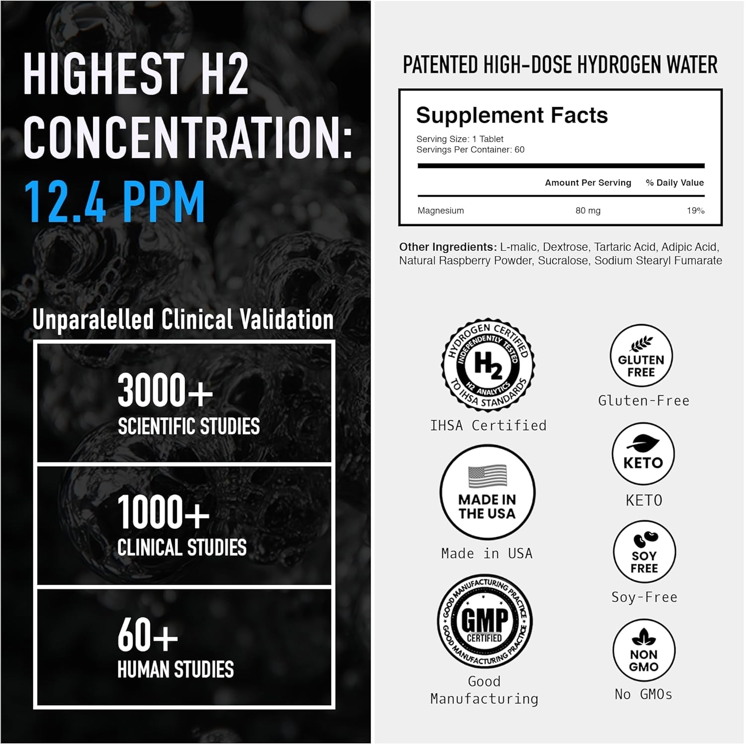 DRINK HRW Rejuvenation Molecular Hydrogen Water Tablets: 12 Ppm H2, Patented, USA Made, Ihsa-Certified Hydrogen & Magnesium Supplement. Supports Energy, Recovery, Cognitive Function (Raspberry, 60 Ct)