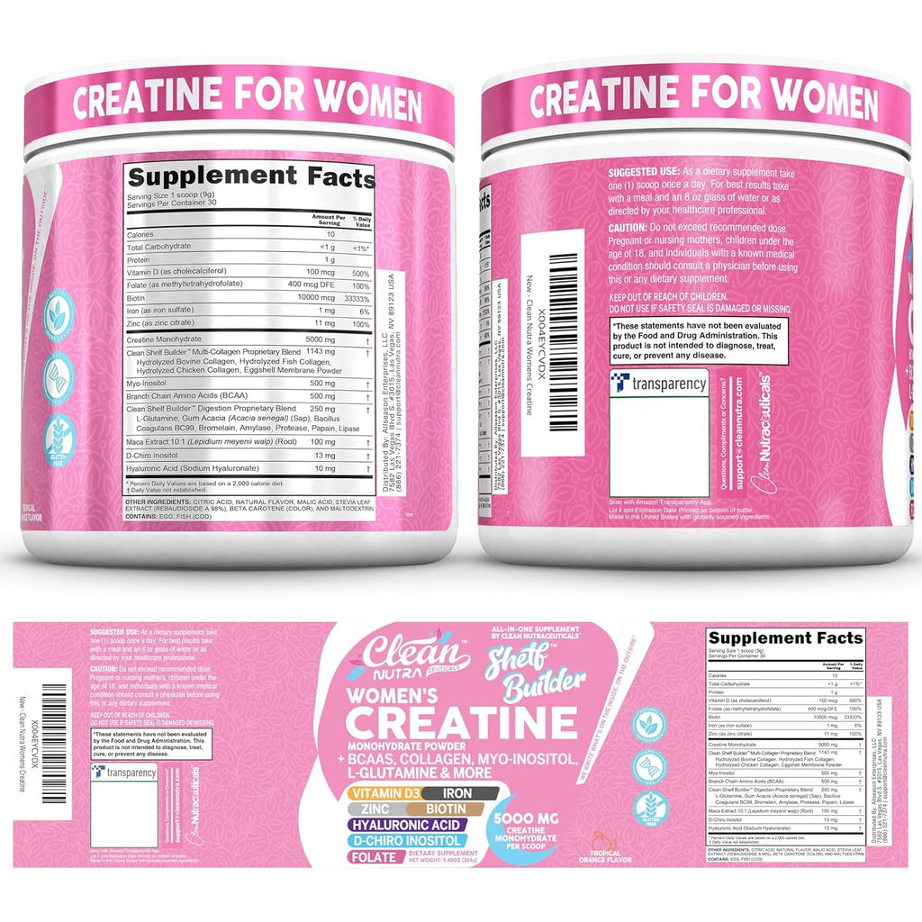 Creatine for Women | Creatine Monohydrate + BCAA Powder Myo-Inositol Collagen Biotin Hyaluronic Acid Folate L Glutamine Vitamin D3 Iron Zinc D-Chiro-Maca Digestion Shelf Builder by Clean Nutra