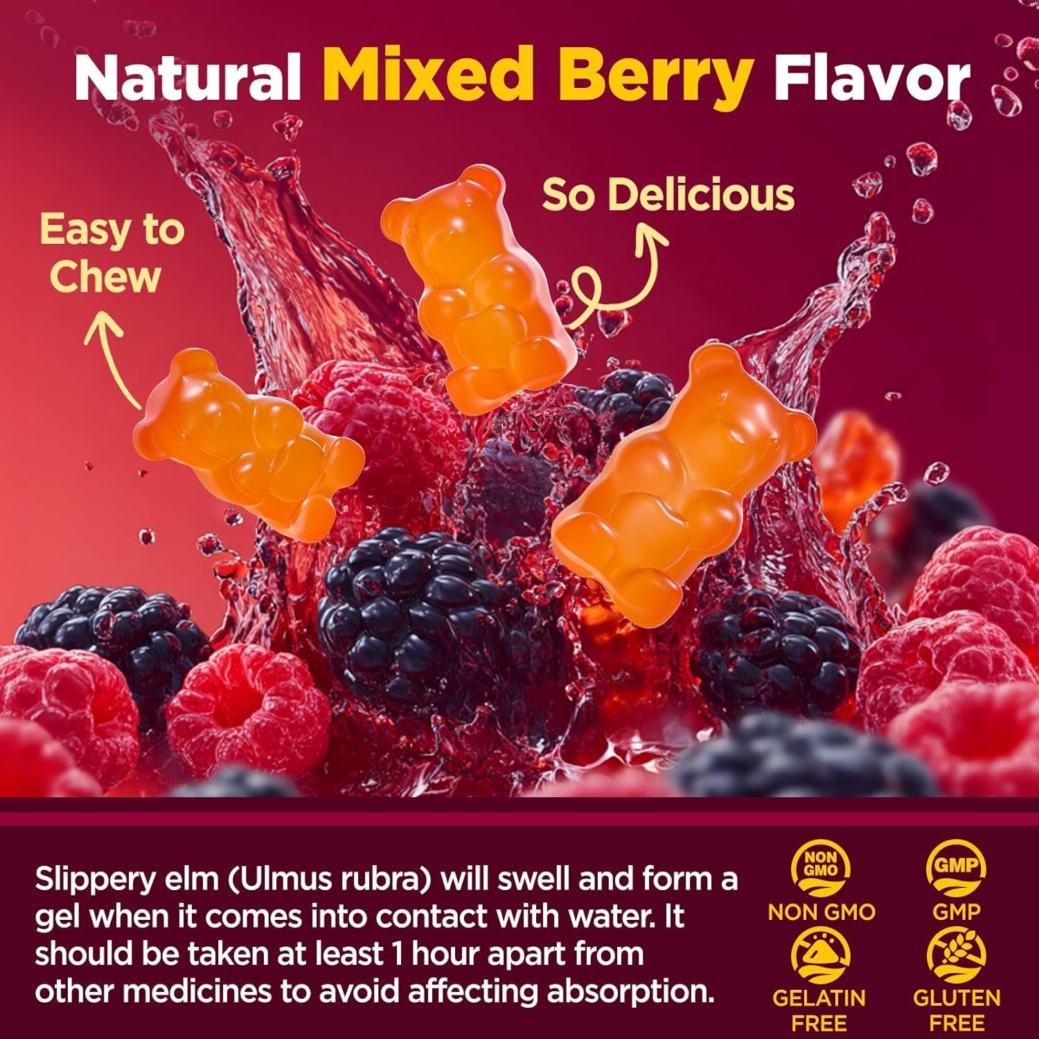 Slippery Elm for Women Gummies, Organic Slippery Elm Bark Extract with Probiotics, Sea Buckthorn, L-Glutamine for Gut & Digestive Health, Throat & Respiratory Support, Sugar Free, Vegan, 60 Gummies