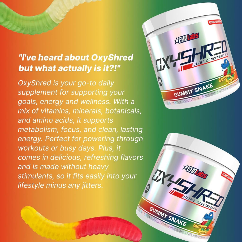 EHP LABS Oxyshred Pre Workout Powder - Preworkout Powder with L Glutamine & Acetyl L Carnitine, Energy Boost Drink - Gummy Snake, 60 Servings