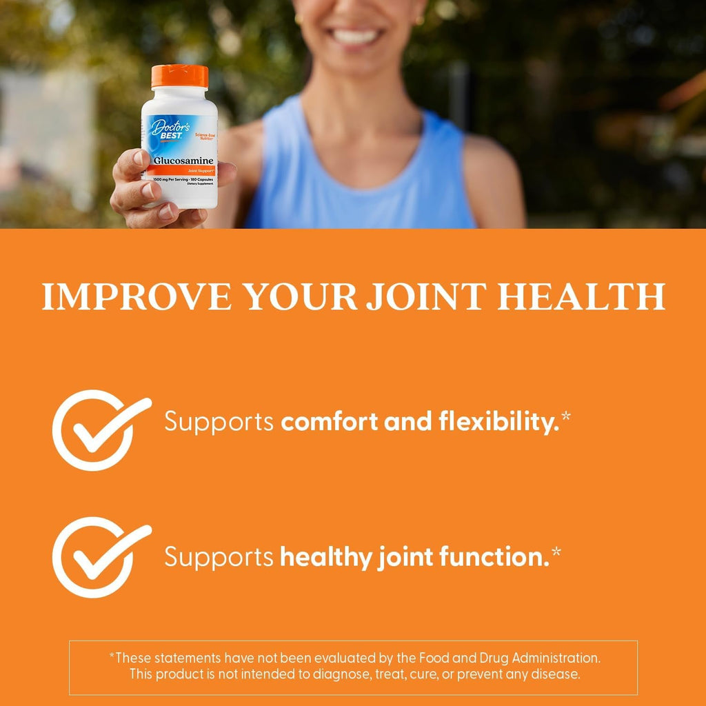 Doctor'S Best Glucosamine Supplement for Men & Women - Glucosamine 1500Mg per 2 Capsules, Joint Health Support for Adults, Gluten Free, Non GMO, Soy Free - 180 Caps