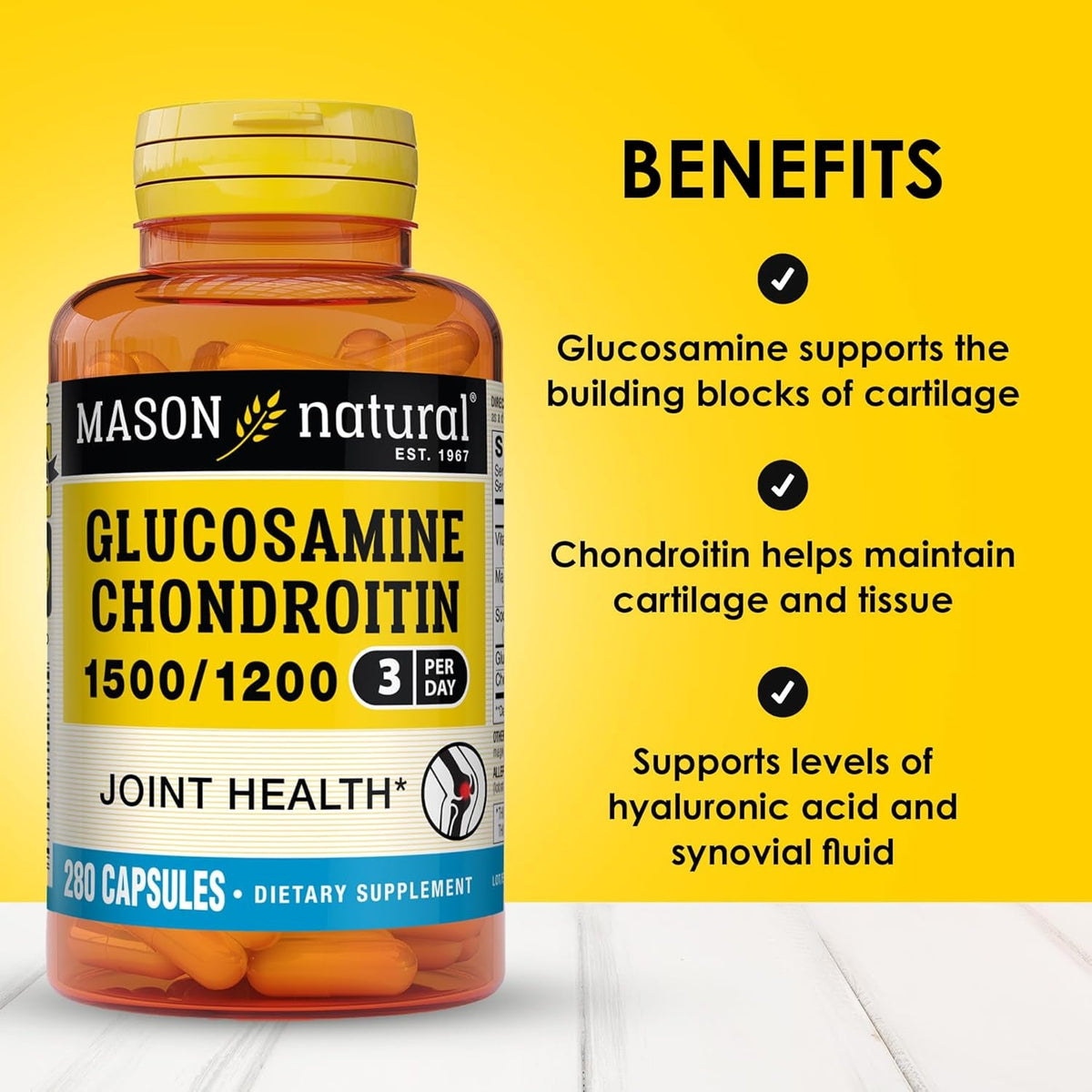 MASON NATURAL Glucosamine Chondroitin 1500/1200 with Vitamin C, Supports Joint Health for Normal Flexibility & Mobility*, 280 Capsules, 3 Month Supply