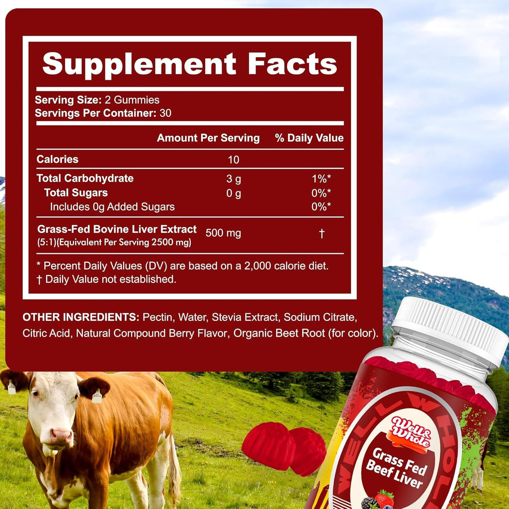 Well&Whole Grass Fed Beef Liver Gummies, Dessicated Beef Liver Supplement for Energy, Immunity, and Full Wellness - Non GMO, Gluten Free, for Adults and Kids, 60 Counts