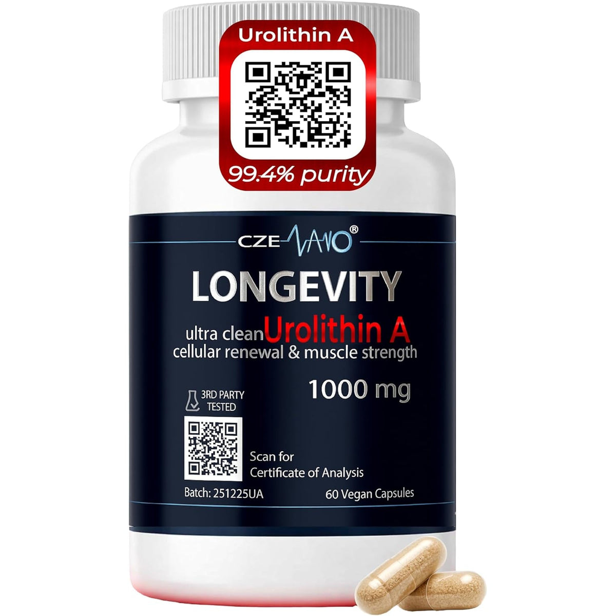 Urolithin a 1000 Mg – 60 Vegan Capsules | 99%+ Pure Urolithin a Supplement | Third‑Party Tested | COA Available | Cellular Energy & Mitochondrial Support.