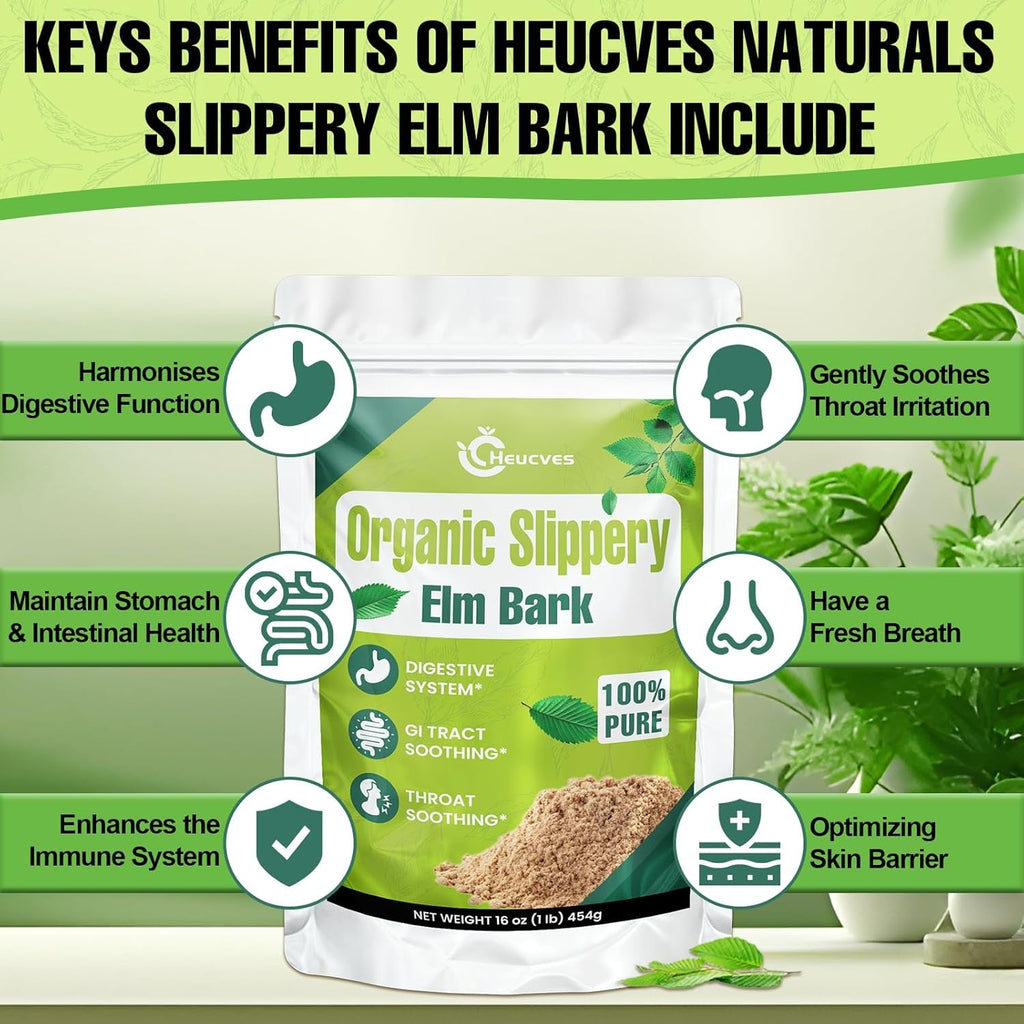 Slippery Elm, Slippery Elm Powder Organic, Elm Bark Made from Inner Bark - 1 Pound (349 Servings), Natural Herbs Helps Soothe the Throat and Coughing & Digestive, Diarrhea - 100% Pure & Vegan