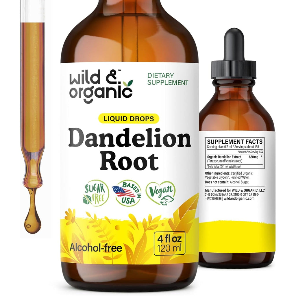 Wild & Organic Dandelion Root Extract Drops - Liver Cleanse Detox - Herbal Dandelion Tincture - Liver Support Supplement - Add to Tea - Vegan, Sugar & Alcohol-Free Liquid Drops - 4 Fl Oz