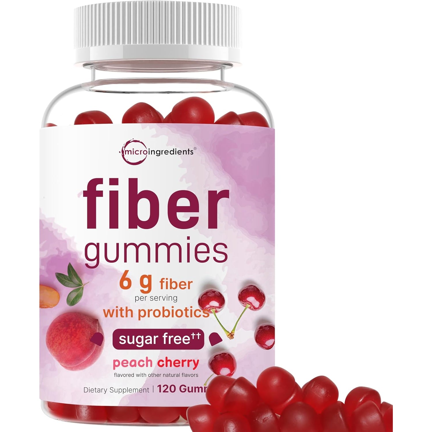 Micro Ingredients Fiber Gummies with Probiotics, 120 Count | 6G per Serving + 2 Billion CFU | Sugar Free Peach Cherry Flavor | High Fiber Supplement for Women & Men | Non-Gmo, Gluten Free