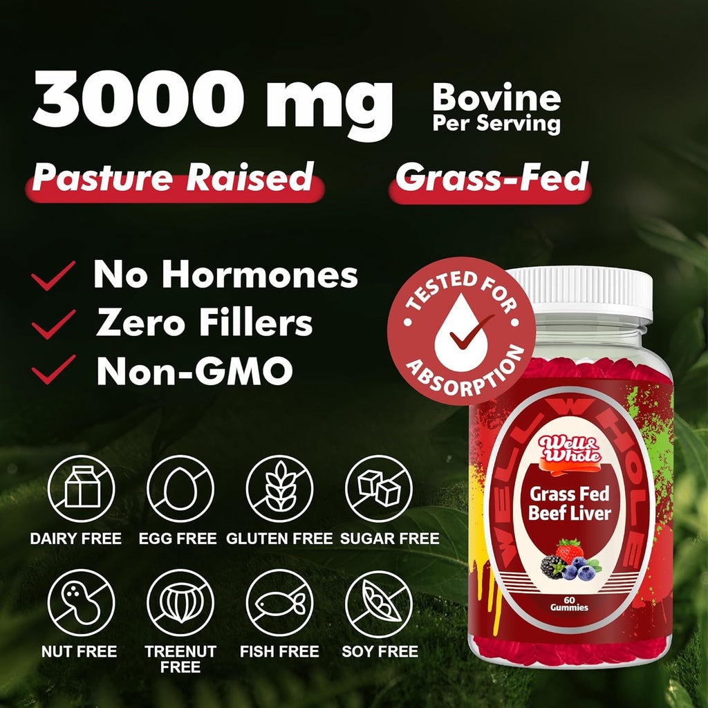 Well&Whole Grass Fed Beef Liver Gummies, Dessicated Beef Liver Supplement for Energy, Immunity, and Full Wellness - Non GMO, Gluten Free, for Adults and Kids, 60 Counts