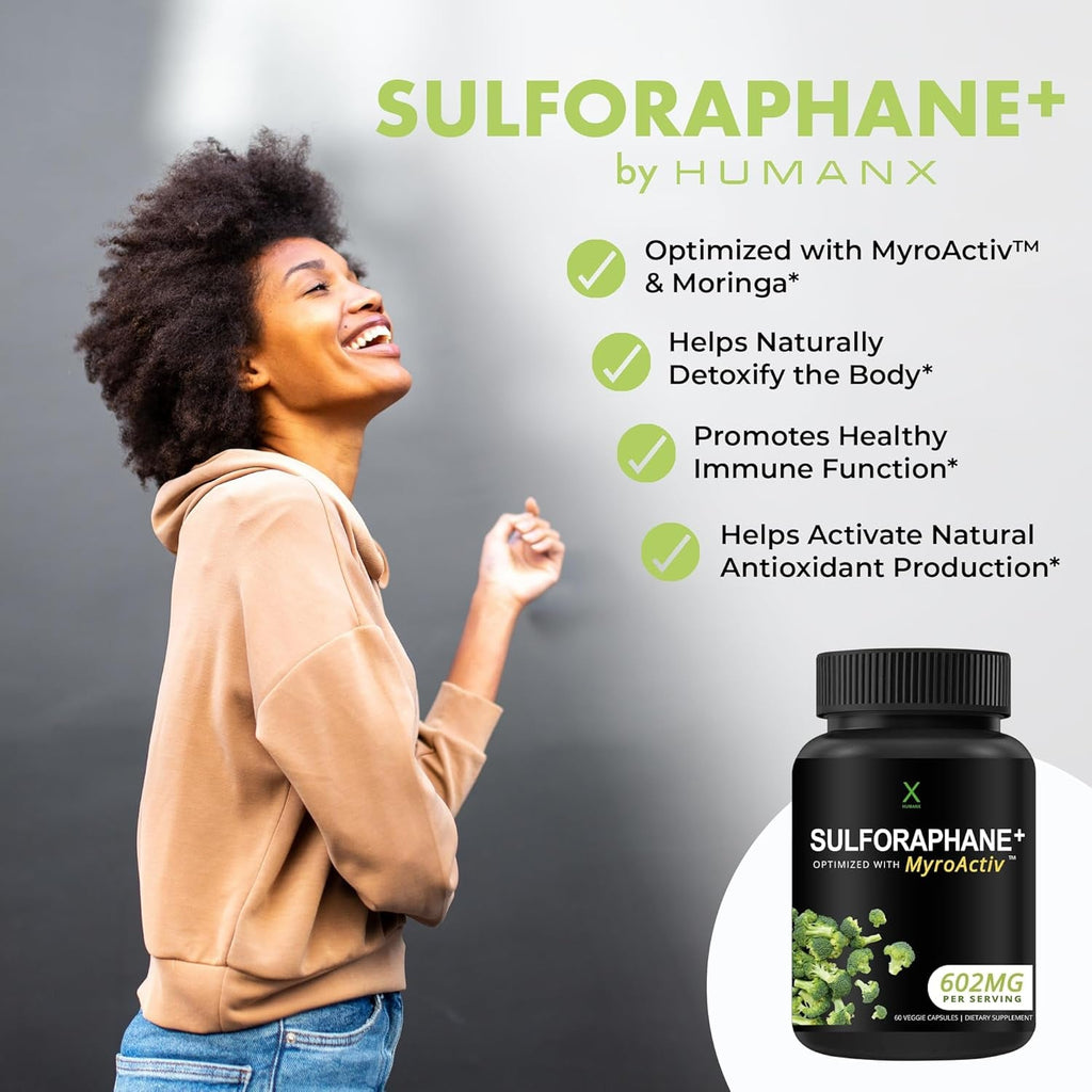 HUMANX Sulforaphane+ 602Mg - USA Third Party Tested - Sulforaphane with Broccoli Seed Extract & Moringa - Supports Antioxidant Production, Detoxification, & Cellular Health - Broccoli Supplement