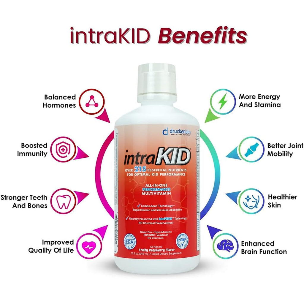 Drucker Labs Organic Liquid Multivitamin for Kids, Immune Support, Non GMO, Dairy Free, Gluten Free, Magnesium, Vitamin A,C,E, Zinc, (32 Oz., Fruity Raspberry)