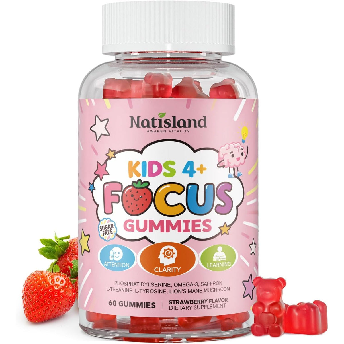 Focus Gummies for Kids, Brain Supplements with Phosphatidylserine, Omega-3 & Saffron, for Kids Memory, Focus & Attention Support, Sugar Free, Vegan, Strawberry Flavor, 60 Chewable