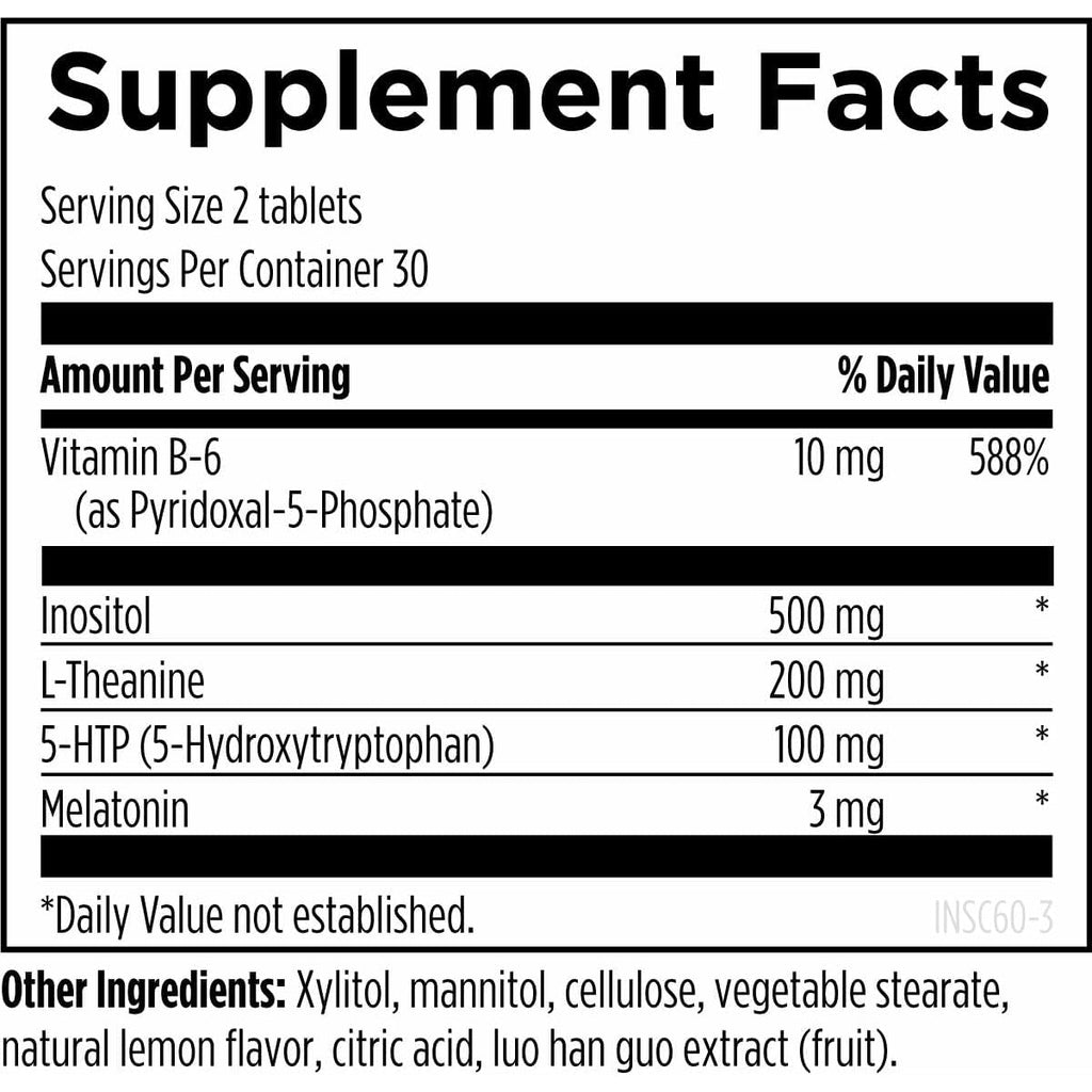 Designs for Health Insomnitol Chewables - Chewable Melatonin - 200Mg L-Theanine, 5-HTP, Vitamin B6 + Inositol - Delicious Lemon Flavored Supplement - Vegan (60 Tablets)