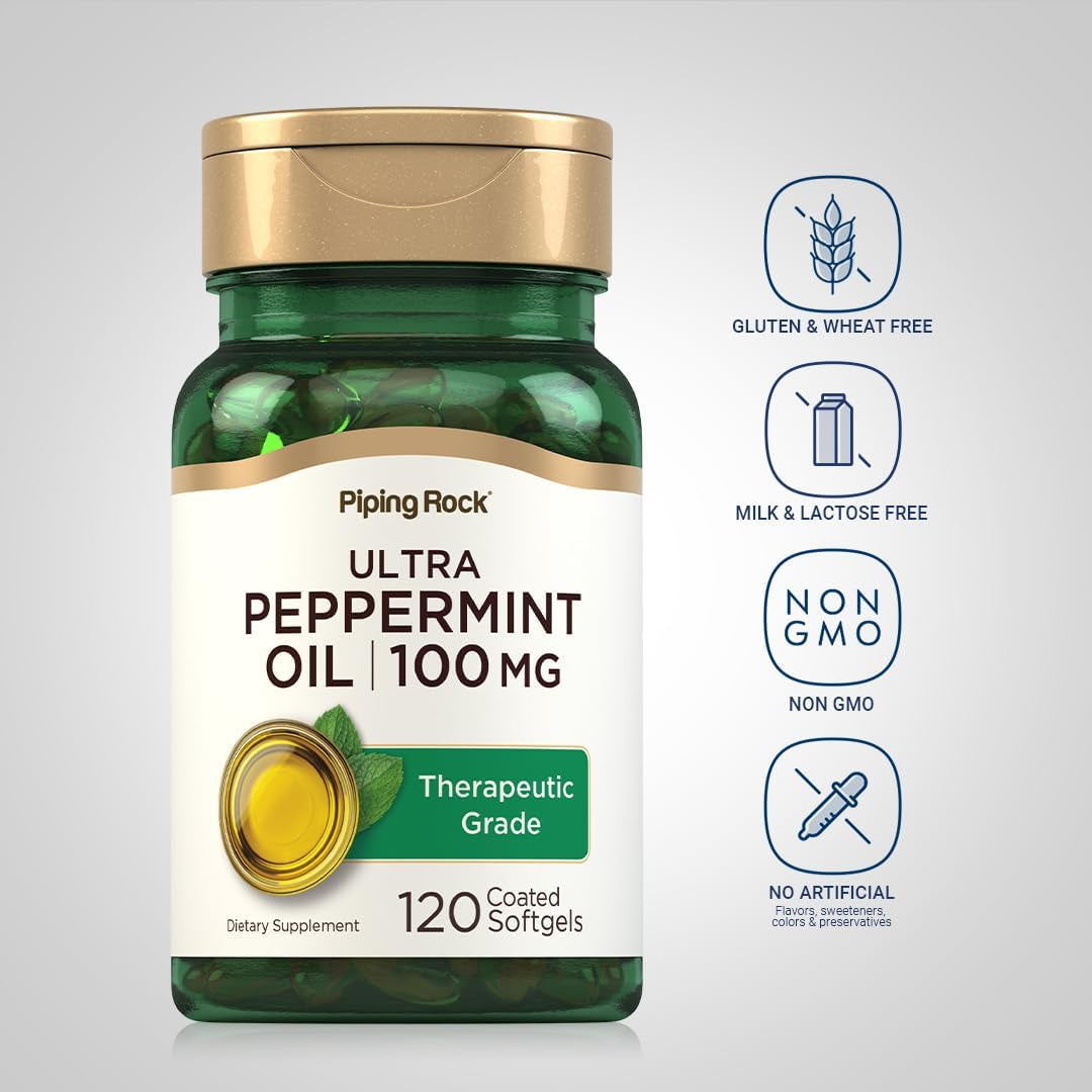 Piping Rock Peppermint Oil Softgel Capsules | 100Mg | 120 Pills | Therapeutic Grade Extract | Non-Gmo, Gluten Free Supplement