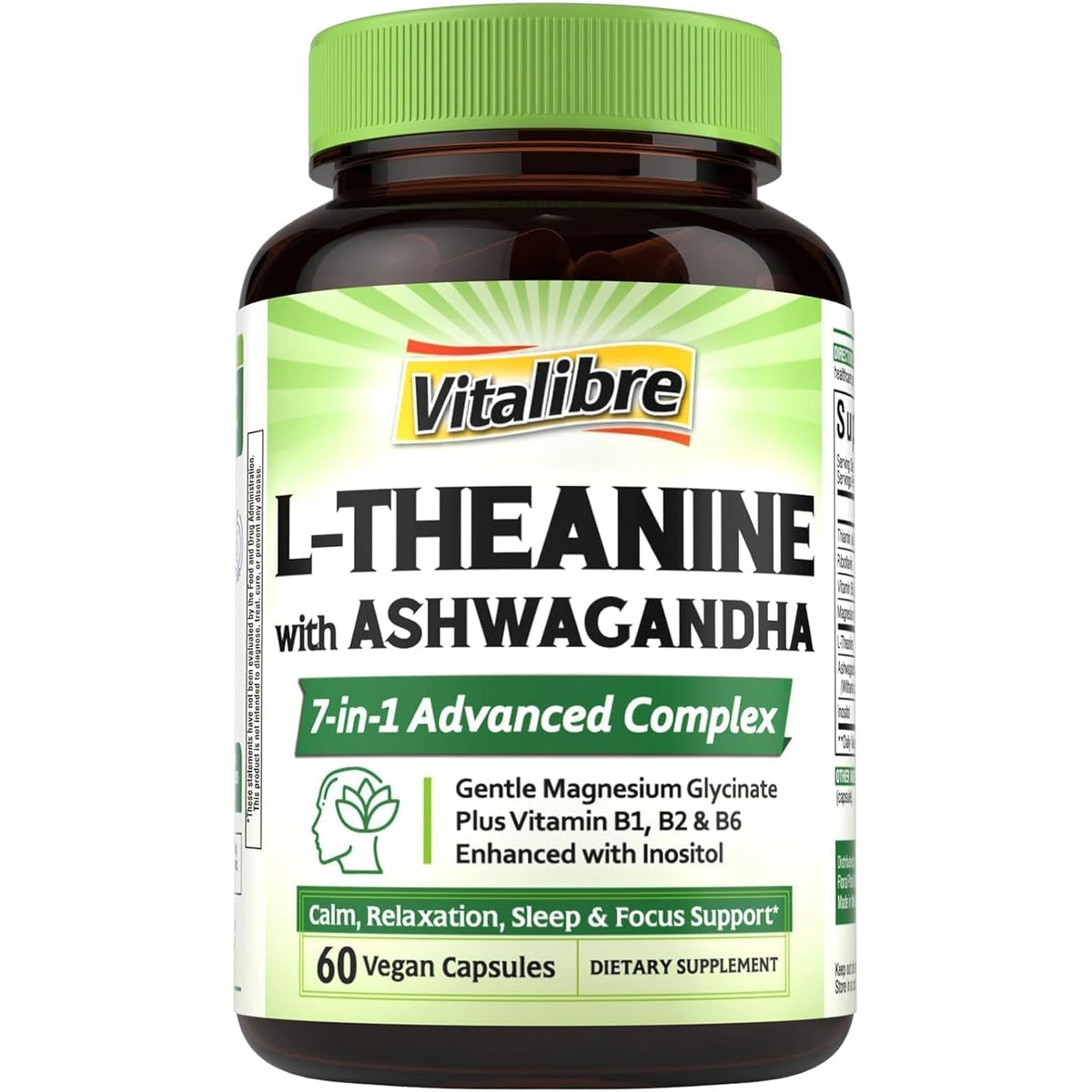 Vitalibre L Theanine Supplement 200Mg | 7 in 1 L-Theanine with Magnesium Glycinate, Ashwagandha, Inositol, Vitamin B1 B2 B6 | No Gluten, for Calm, Relaxation, Sleep & Focus Support, 60 Vegan Caps