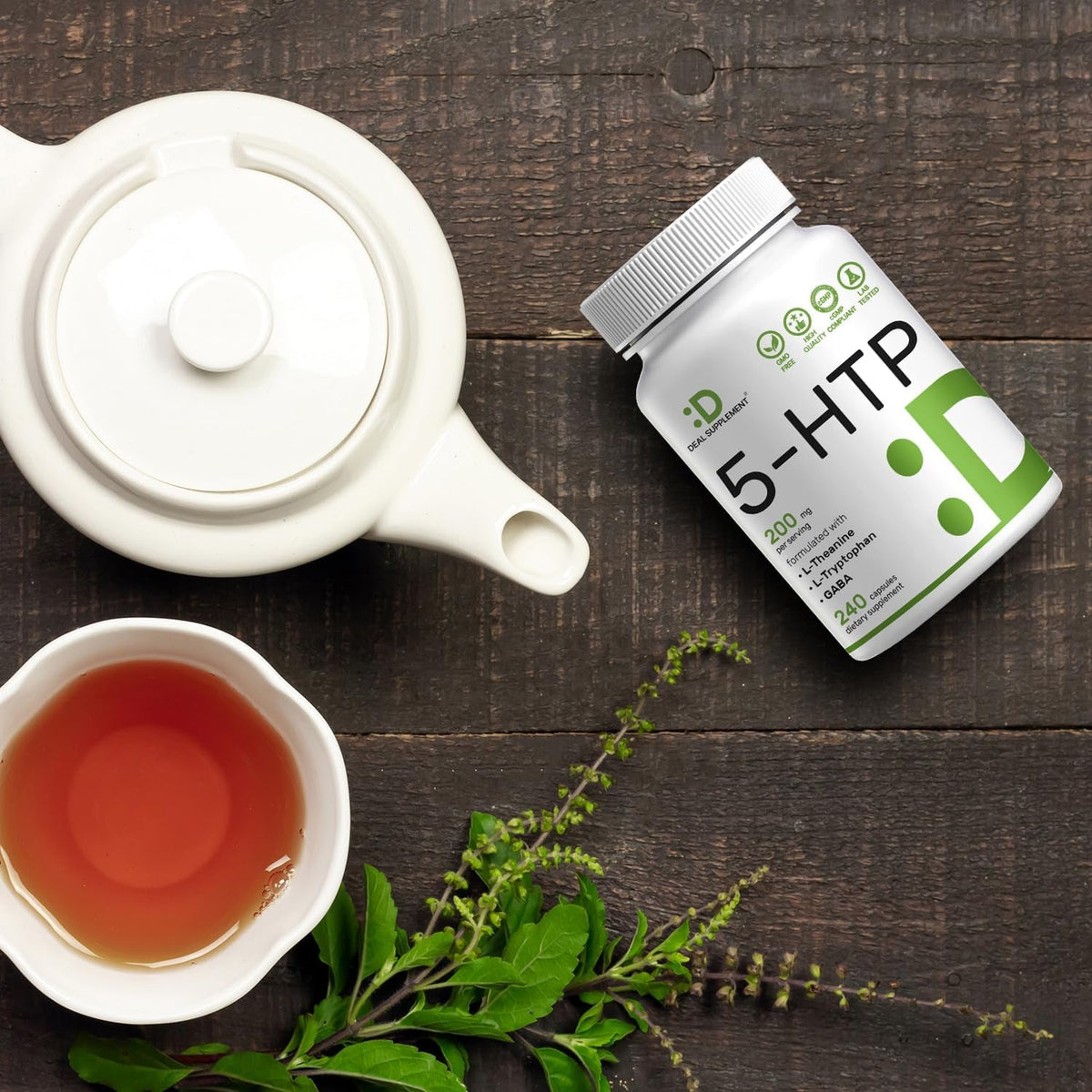 Deal Supplement 5-HTP 200Mg per Serving, 240 Capsules, 98% African Derived Griffonia Seed Extract | 4 in 1 Formula | plus Active L Theanine, L Tryptophan, & GABA | Relaxation Support Supplement