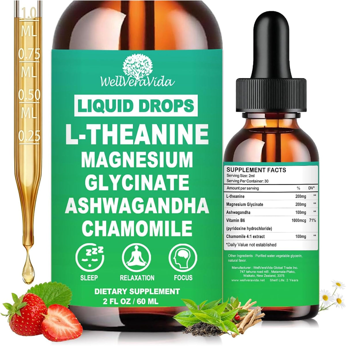 L Theanine Liquid Drops, Theanine Supplement with Magnesium Glycinate & Ashwagandha for Sleep, Relaxation & Focus Support, High Absorption Liquid L Theanine 200Mg for Adults & Kids丨Vegan, Non-Gmo, 2Oz