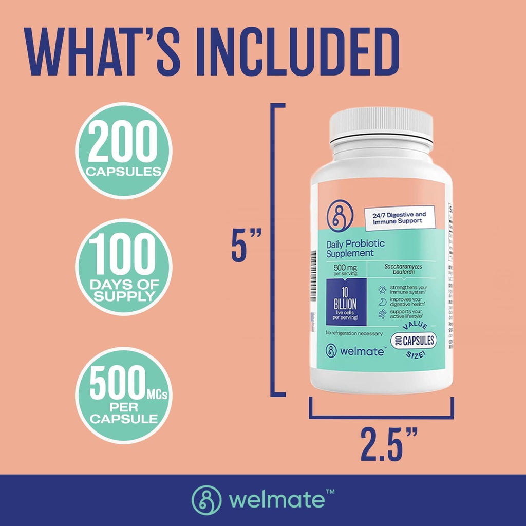 WELMATE - Daily Probiotic Supplement (200 Capsules) Saccharomyces Boulardii 500Mg - 24/7 Digestive Support, Immune Support - 10 Billion CFU - Over-The-Counter Medication - Vegan, Gluten Free, Non GMO