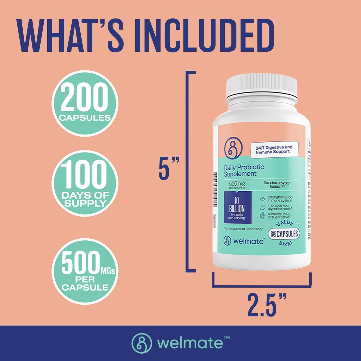 WELMATE - Daily Probiotic Supplement (200 Capsules) Saccharomyces Boulardii 500Mg - 24/7 Digestive Support, Immune Support - 10 Billion CFU - Over-The-Counter Medication - Vegan, Gluten Free, Non GMO