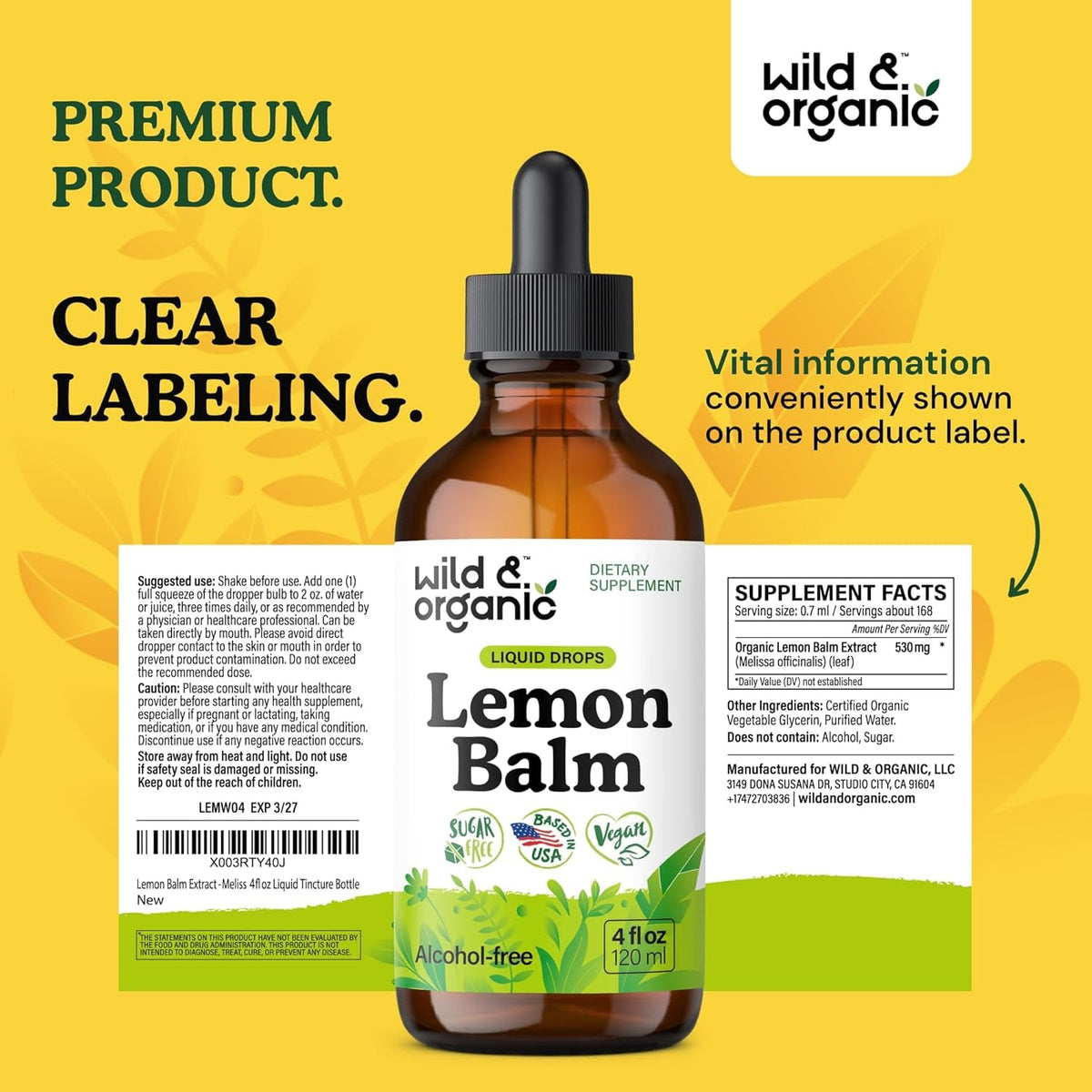 Wild & Organic Lemon Balm Tincture - Good Mood Support - Melissa Lemon Balm Extract Drops - Add to Tea for Relaxation - Vegan, Sugar & Alcohol-Free Leaf Supplement - 4 Fl Oz